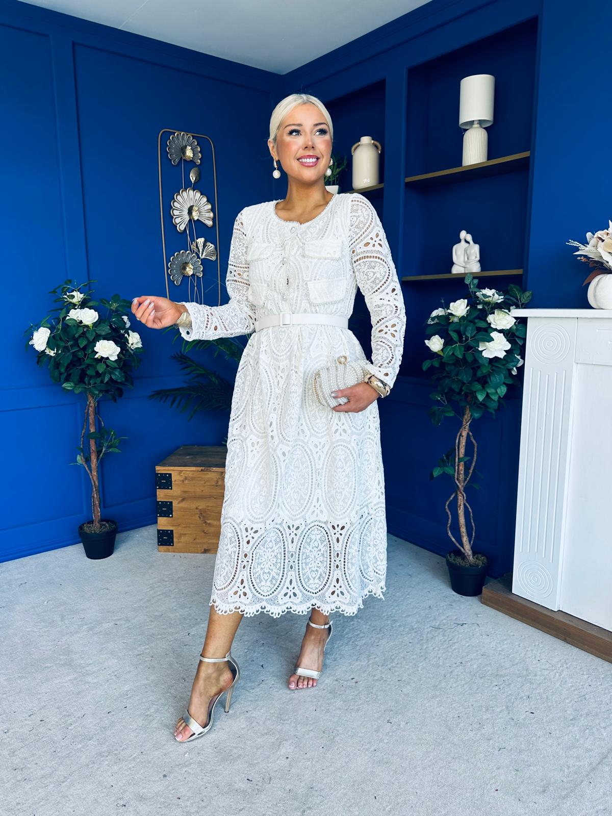 Dani Crochet Detail Occasion Dress Cream - Image 8