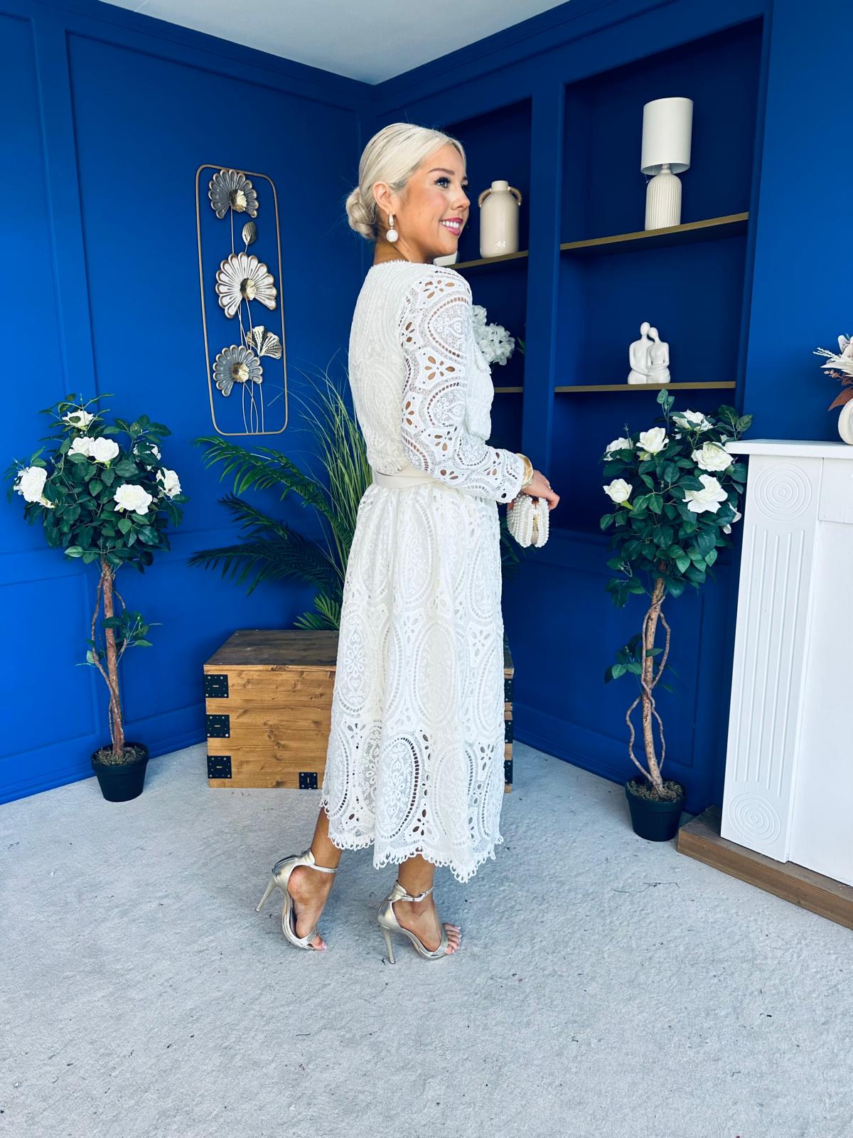 Dani Crochet Detail Occasion Dress Cream - Image 9