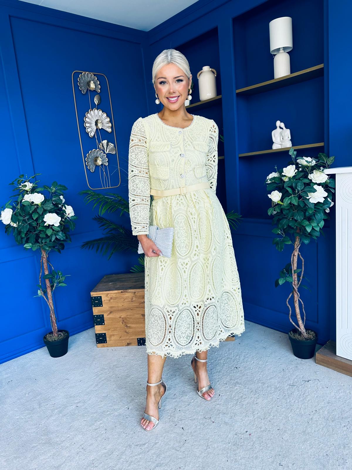 Dani Crochet Detail Occasion Dress Yellow - Image 5