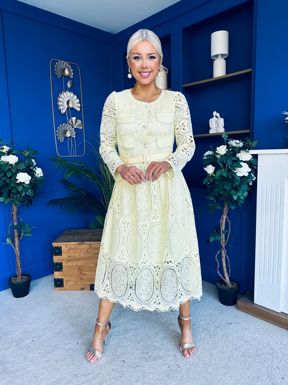 Dani Crochet Detail Occasion Dress Yellow - Image 7