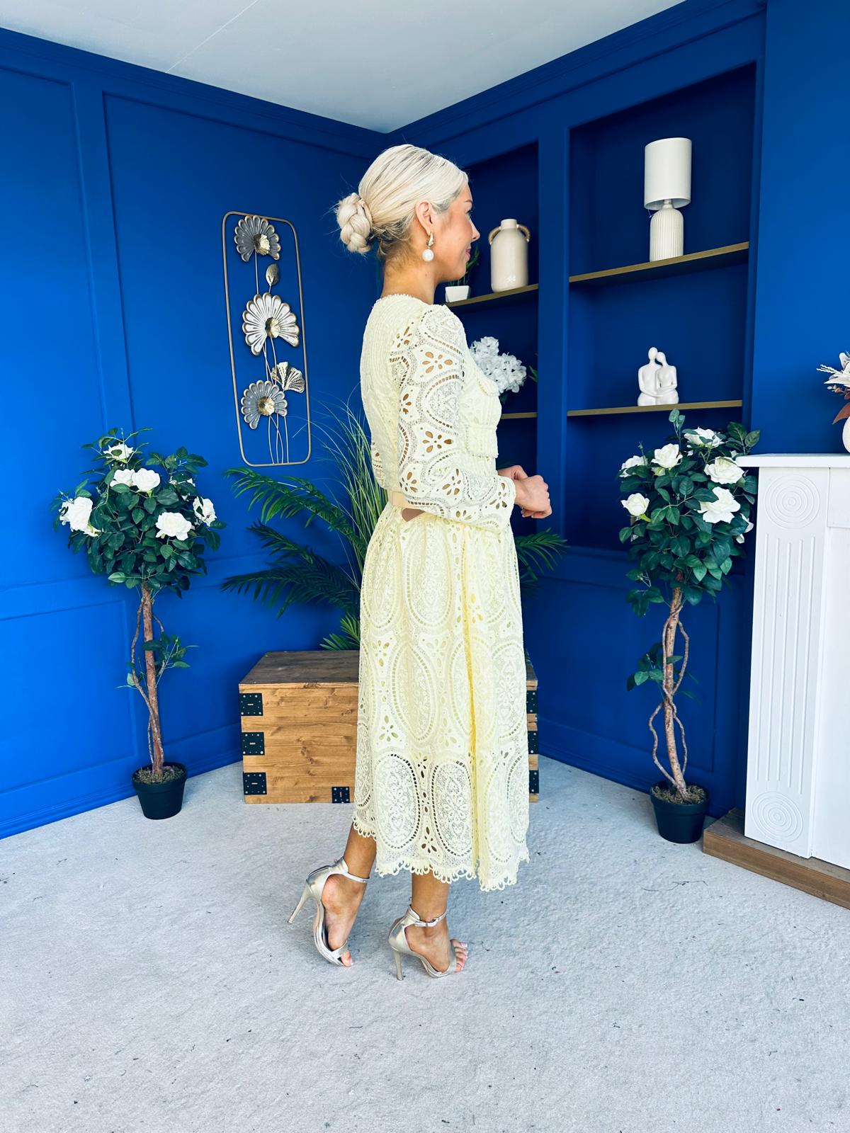 Dani Crochet Detail Occasion Dress Yellow - Image 8