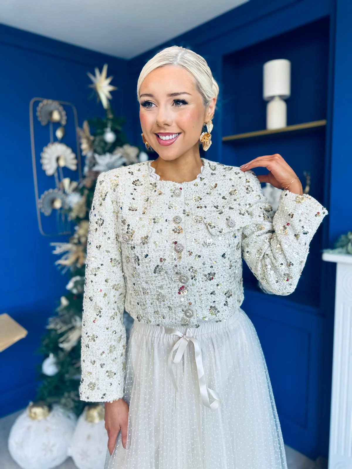 Daniella Detailed Tweed Jacket Cream - Image 7