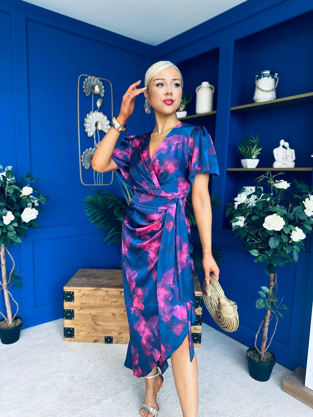 Drew Puff Sleeve Midi Dress Marble Navy - Image 4