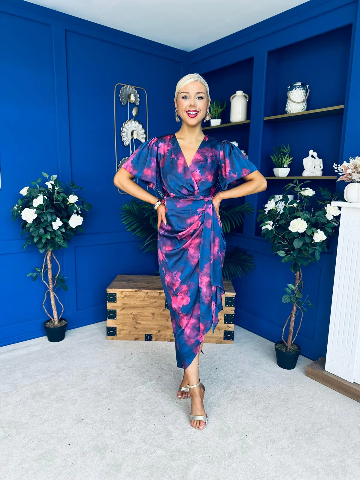 Drew Puff Sleeve Midi Dress Marble Navy - Image 5