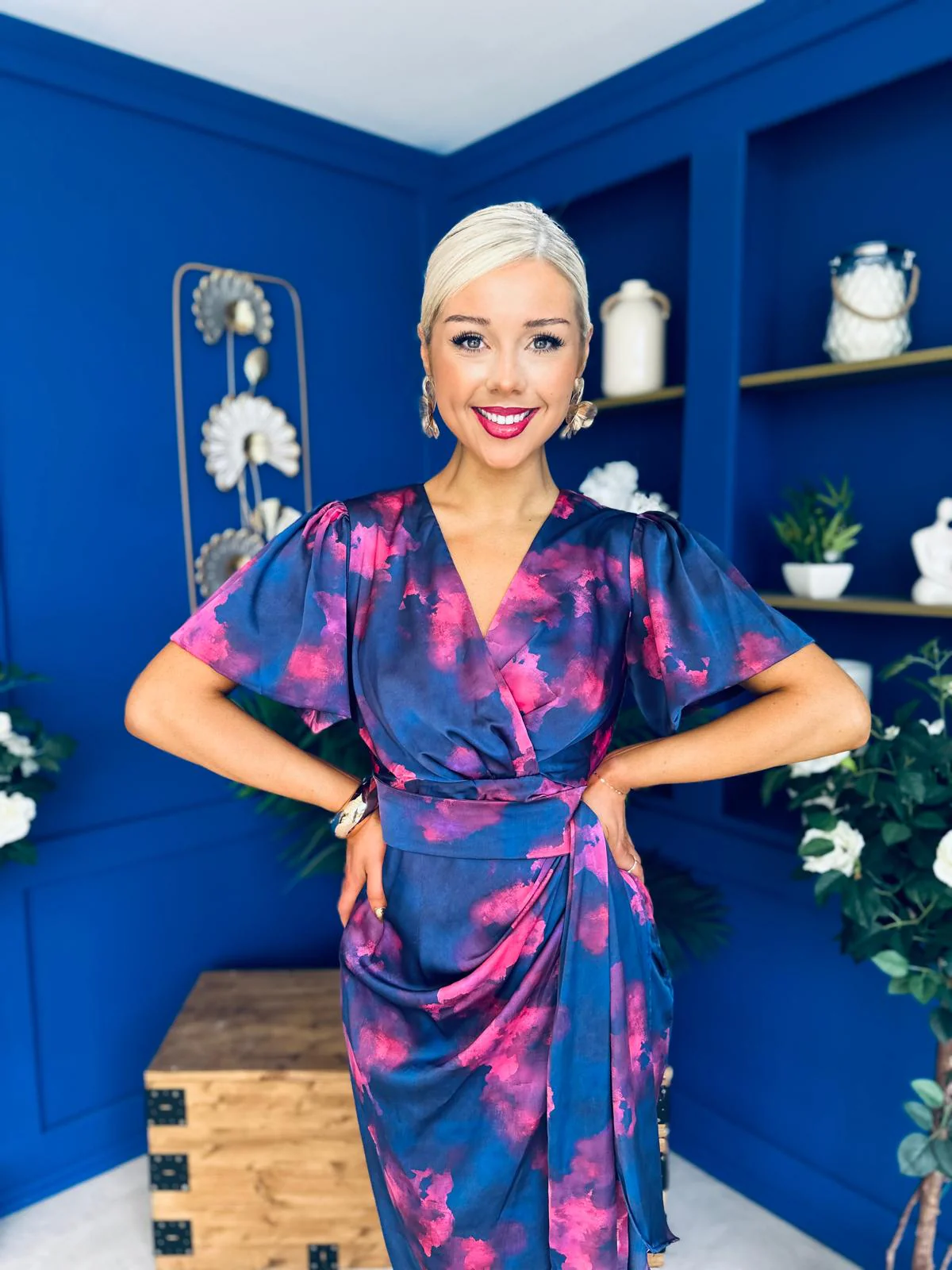 Drew Puff Sleeve Midi Dress Marble Navy - Image 7