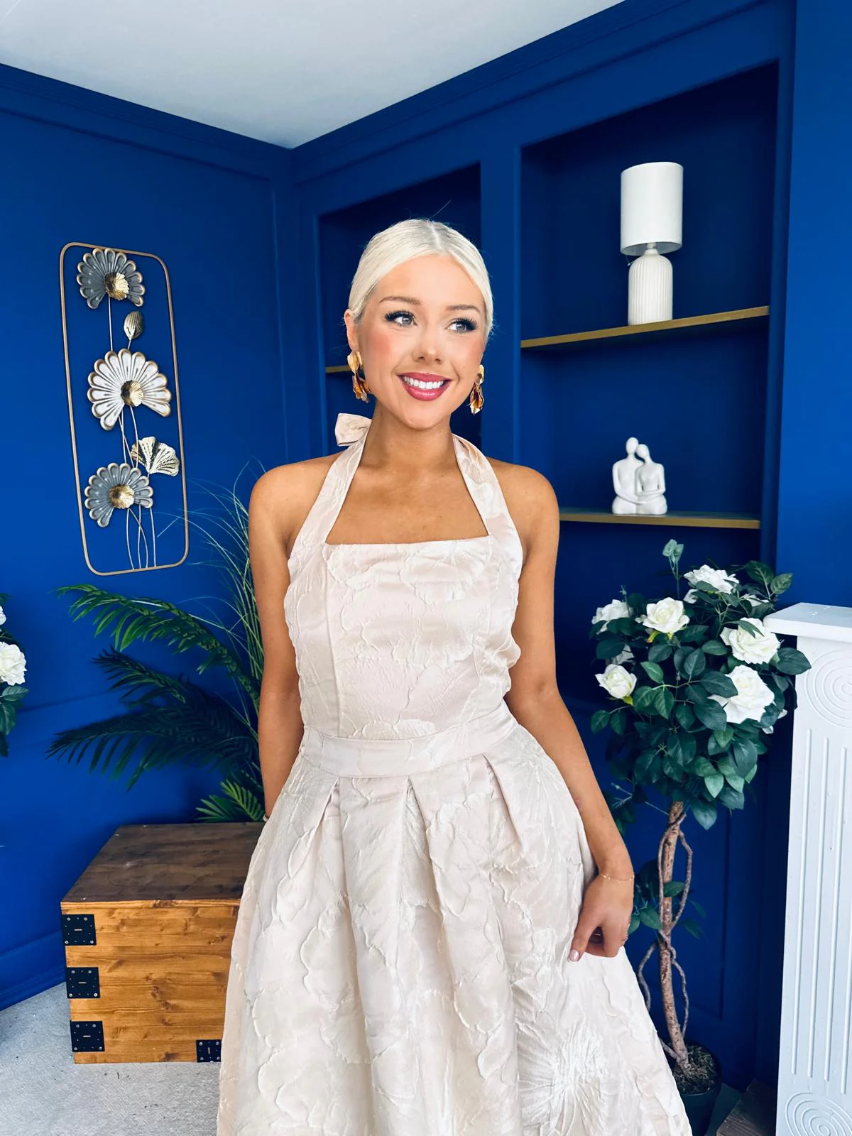 Eliza Jacquard Tie Neck A-Line Midi Dress Blush - Image 10