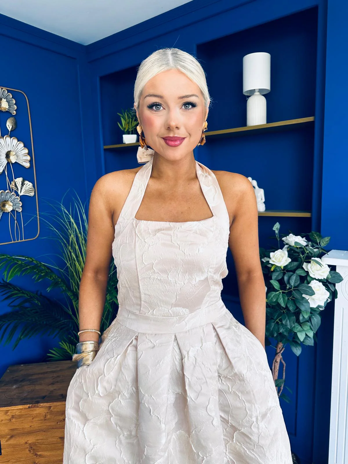 Eliza Jacquard Tie Neck A-Line Midi Dress Blush - Image 3