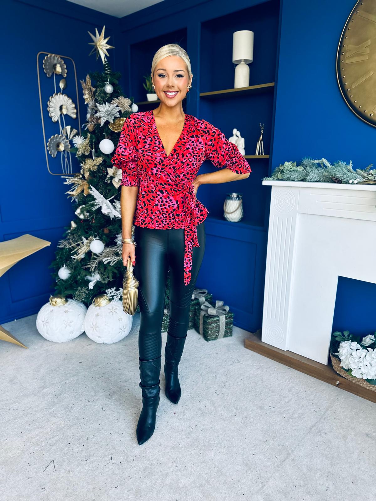 Eliza Shirred Cuff Wrap Top Red Pink Animal - Image 4