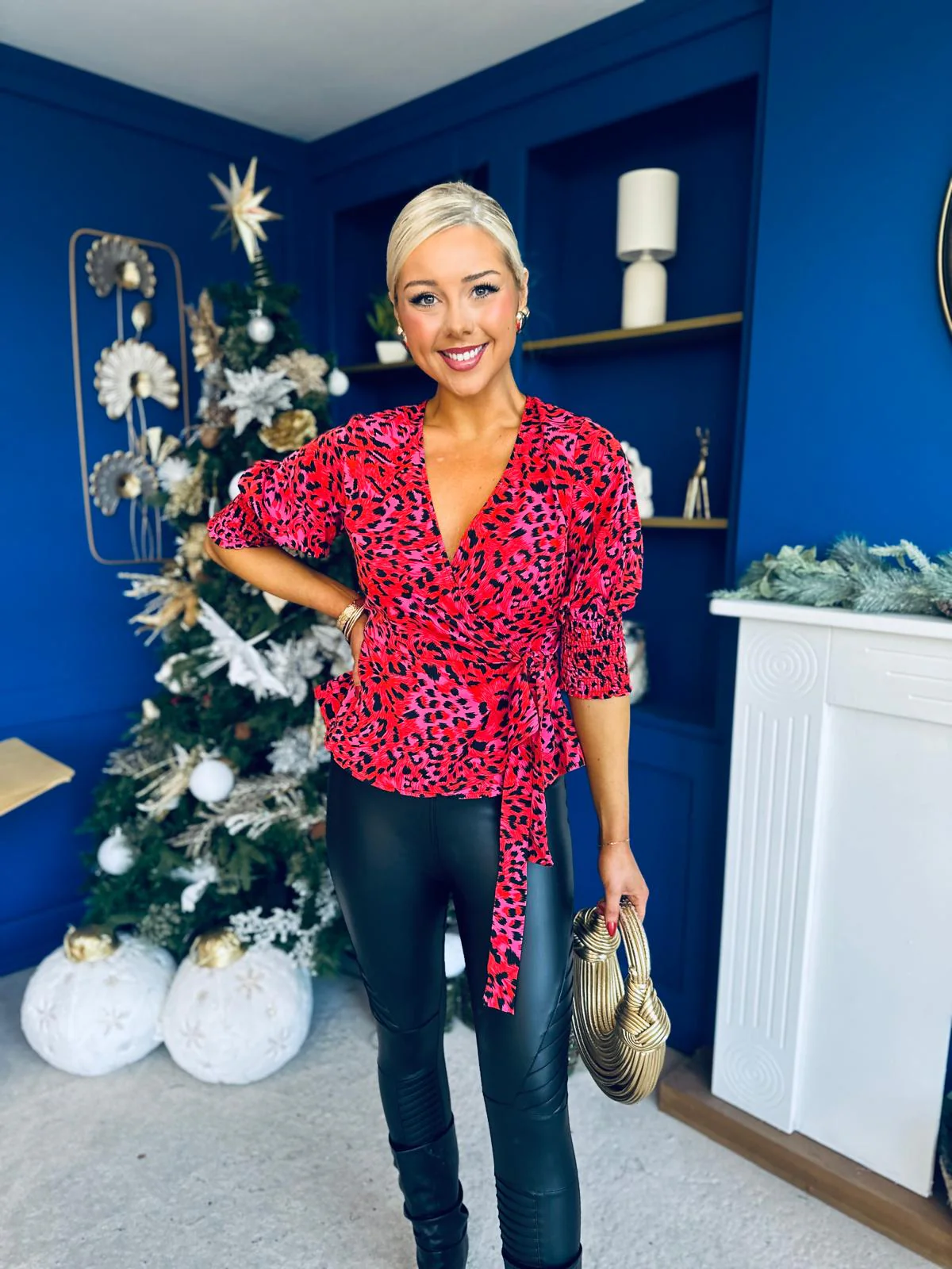 Eliza Shirred Cuff Wrap Top Red Pink Animal - Image 5