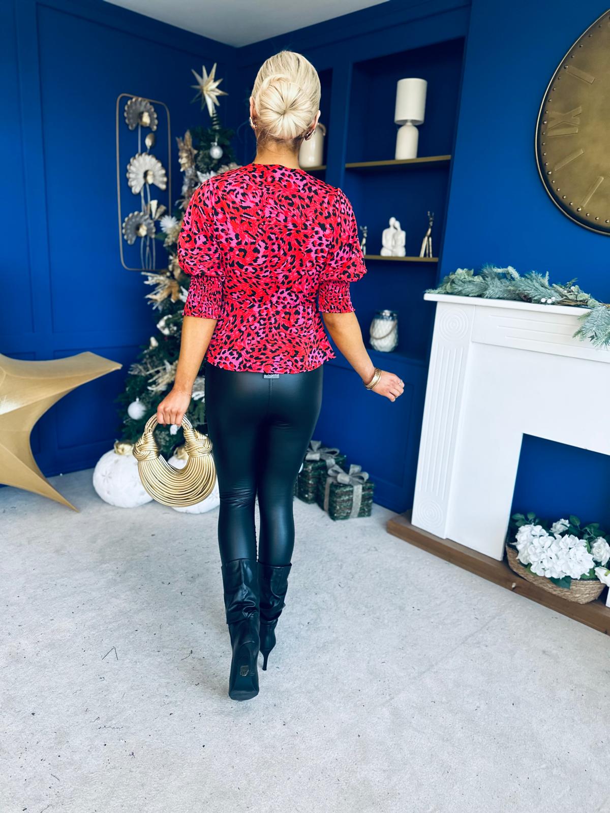 Eliza Shirred Cuff Wrap Top Red Pink Animal - Image 7