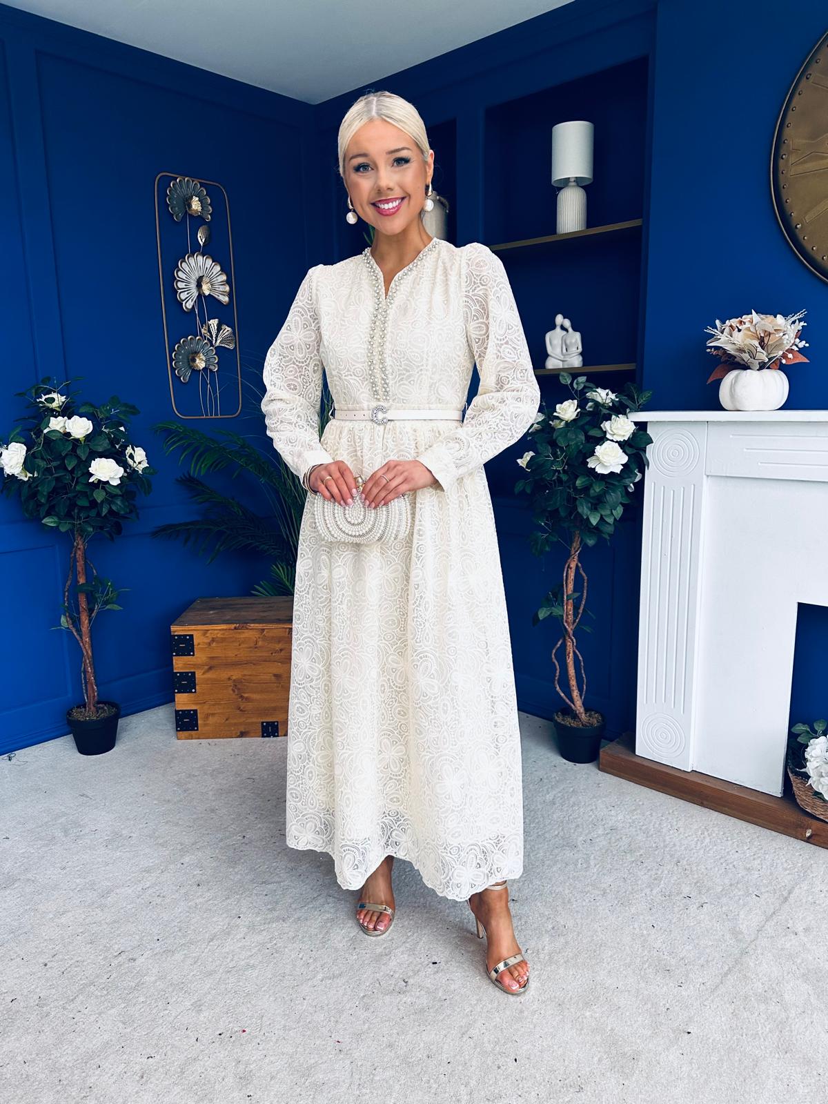 Ellie Crochet Detail Occasion Dress Almond - Image 3