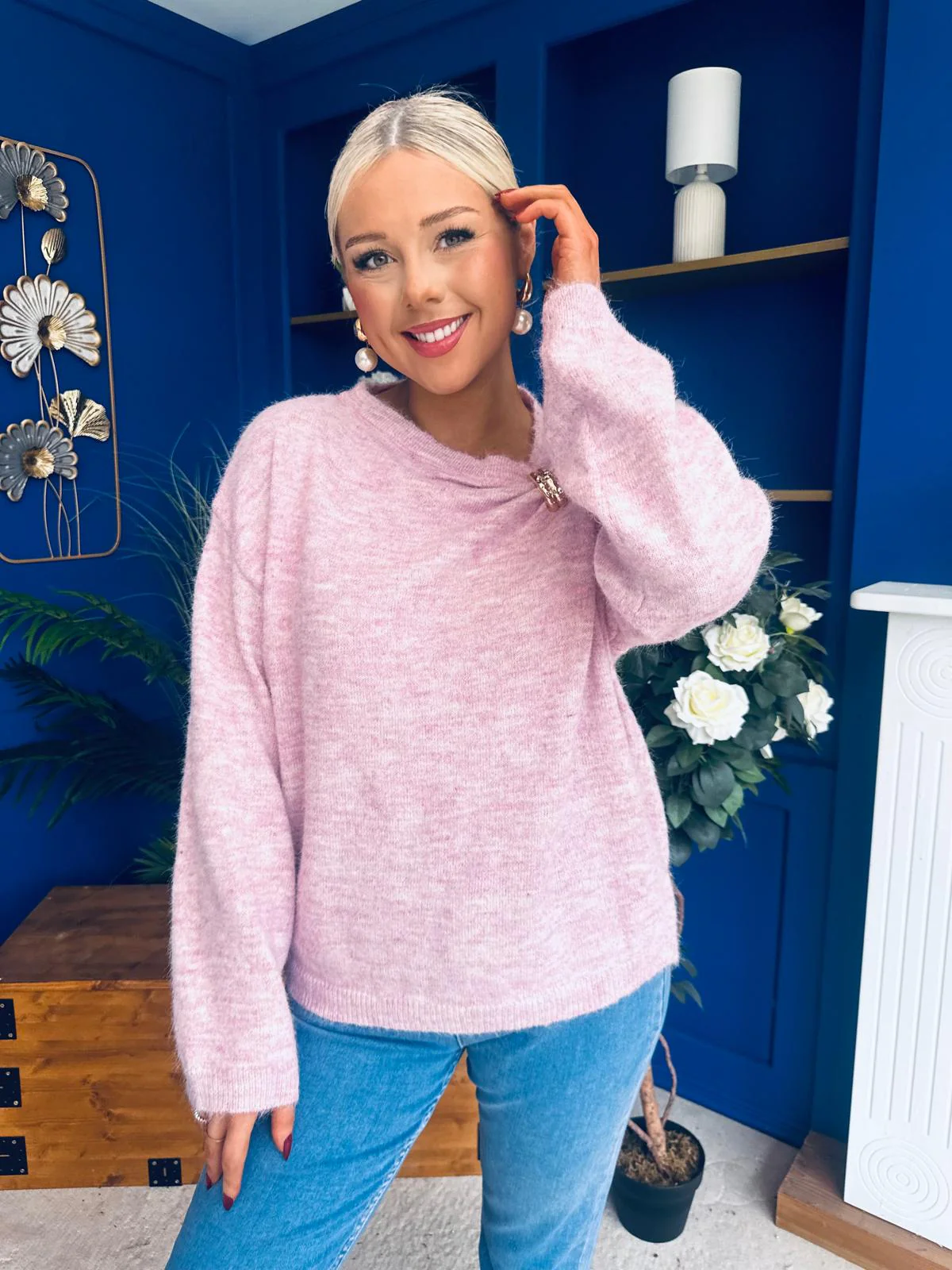 Eva Gathered Detail Knit Jumper Pink - Image 5