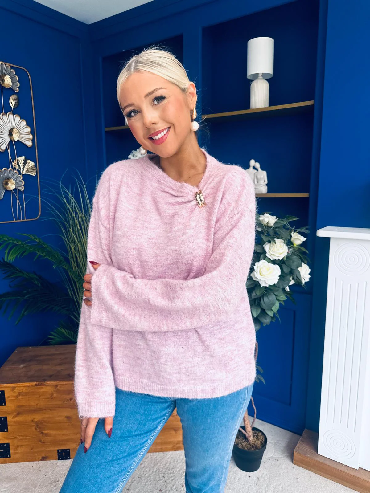 Eva Gathered Detail Knit Jumper Pink - Image 7