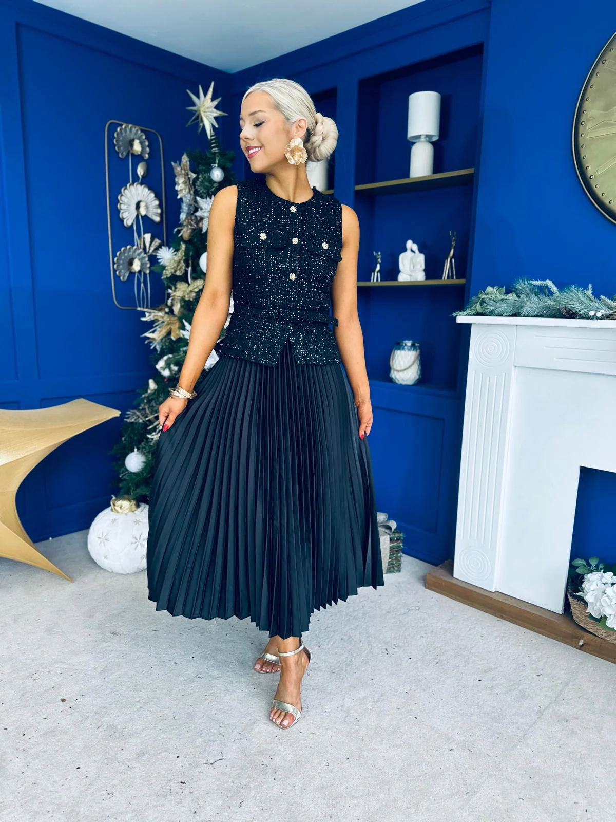 Frankie Pleated Satin Skirt Black - Image 5