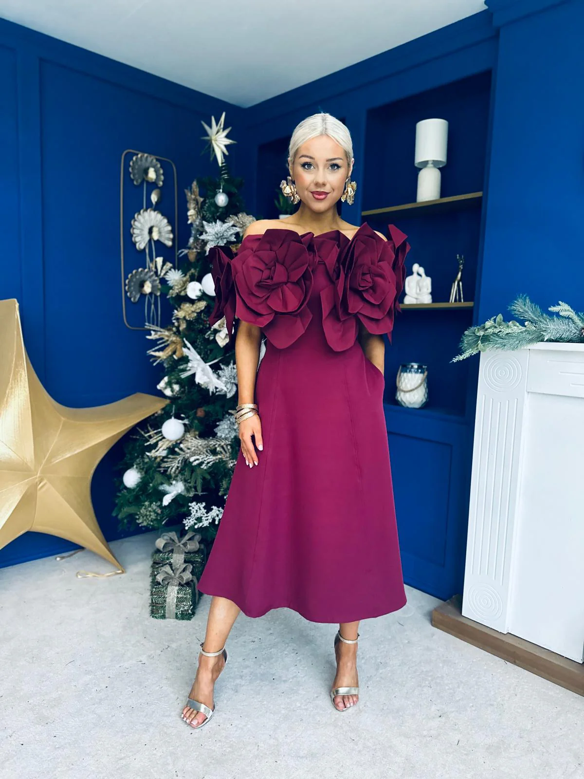 Jackie Floral Detail Occasion Midi Dress Burgundy - Image 10