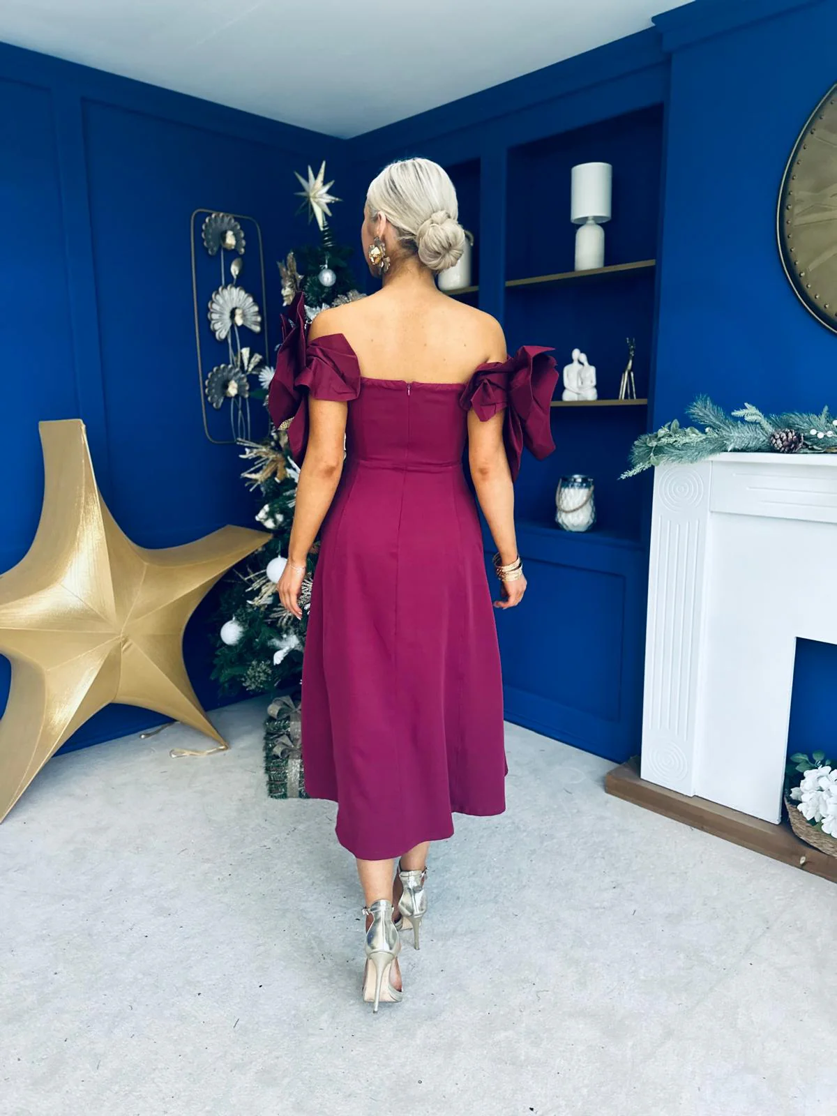 Jackie Floral Detail Occasion Midi Dress Burgundy - Image 12