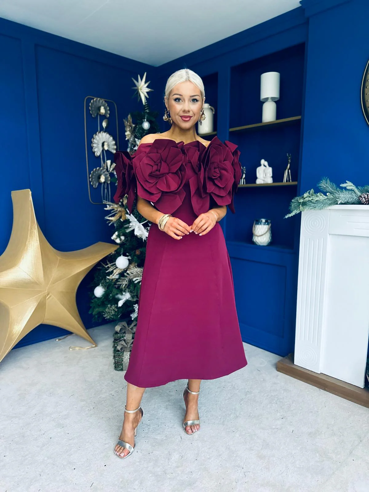 Jackie Floral Detail Occasion Midi Dress Burgundy - Image 7