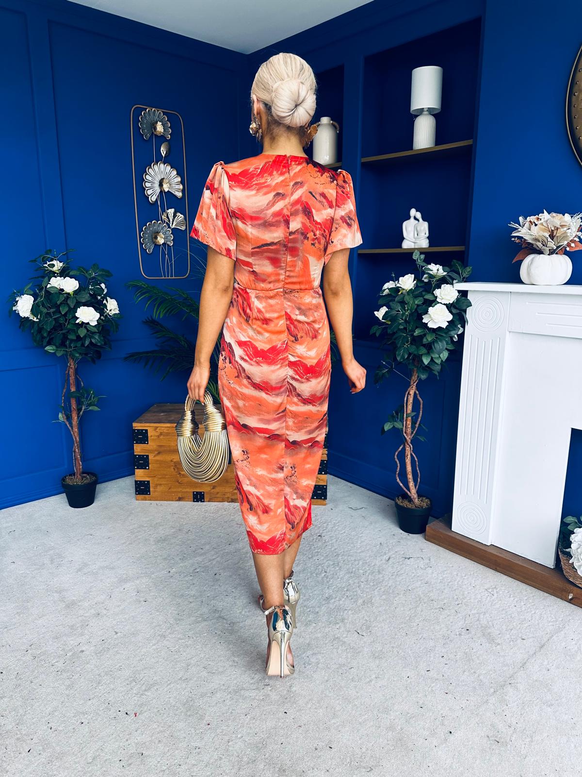 Karen Ruched Satin Print Slit Maxi Dress - Image 10