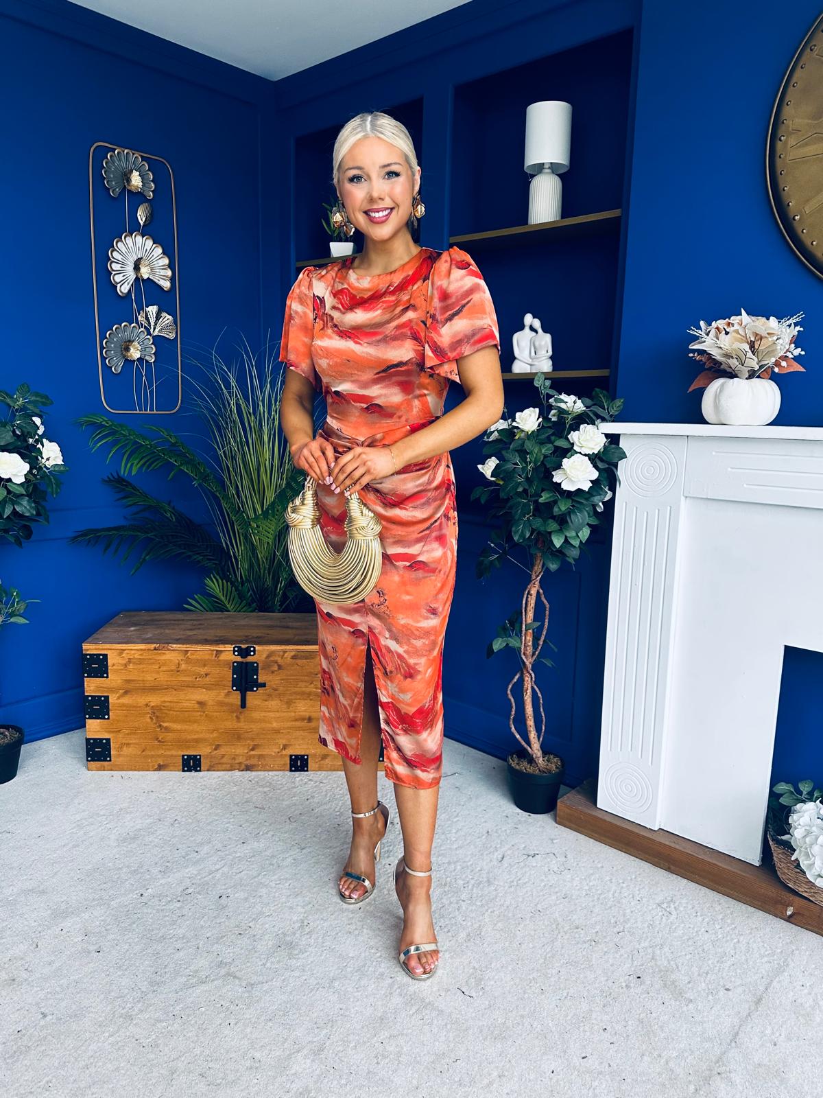 Karen Ruched Satin Print Slit Maxi Dress - Image 3