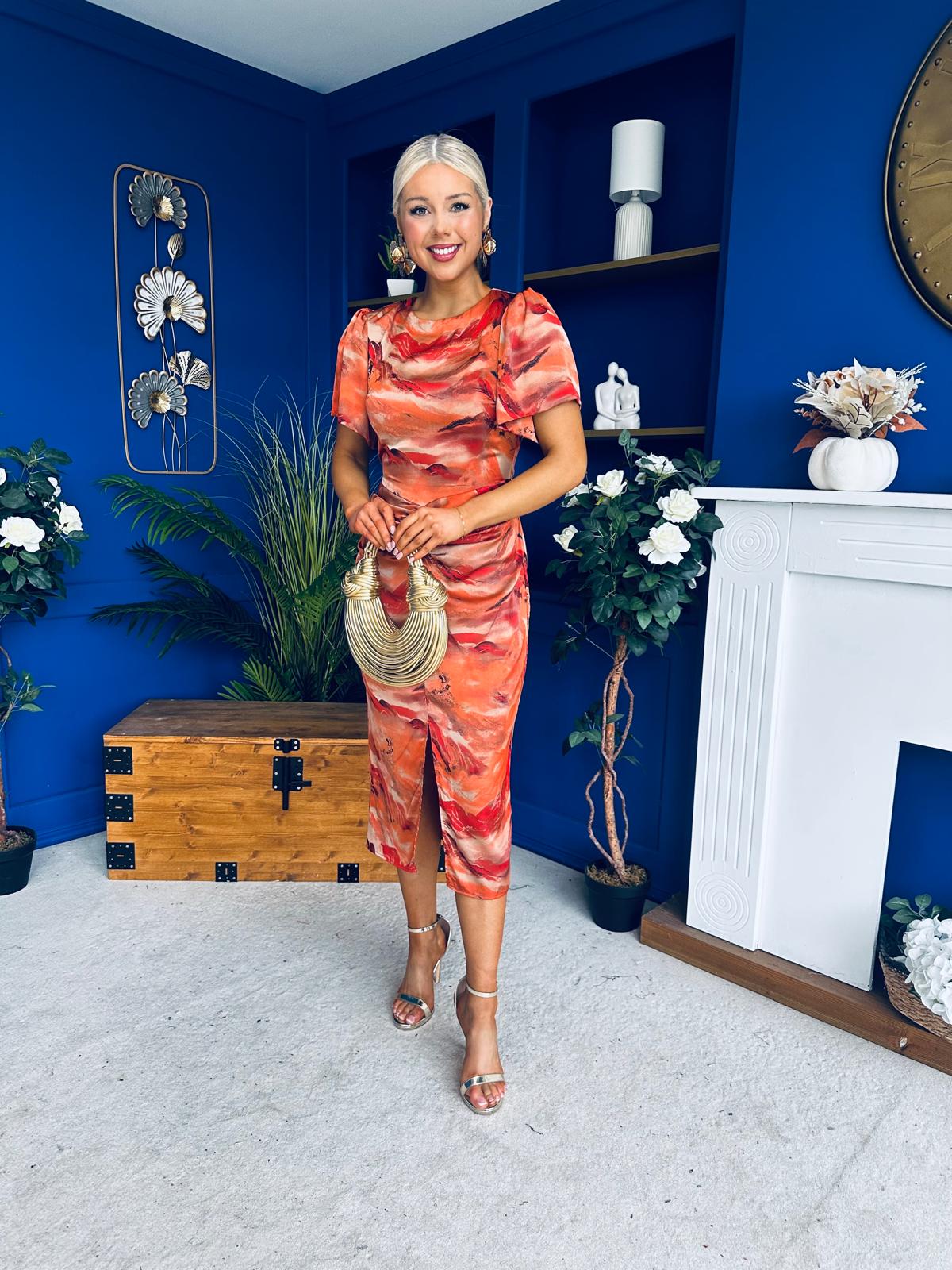 Karen Ruched Satin Print Slit Maxi Dress - Image 4