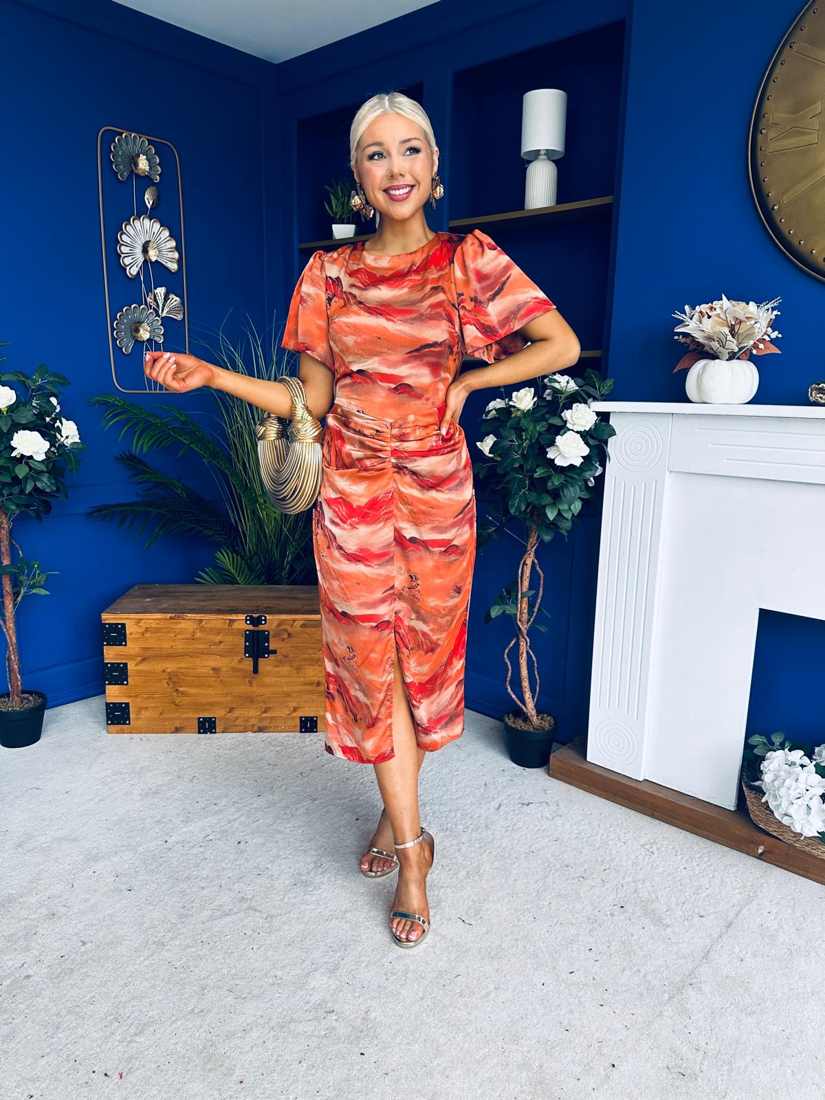 Karen Ruched Satin Print Slit Maxi Dress - Image 5