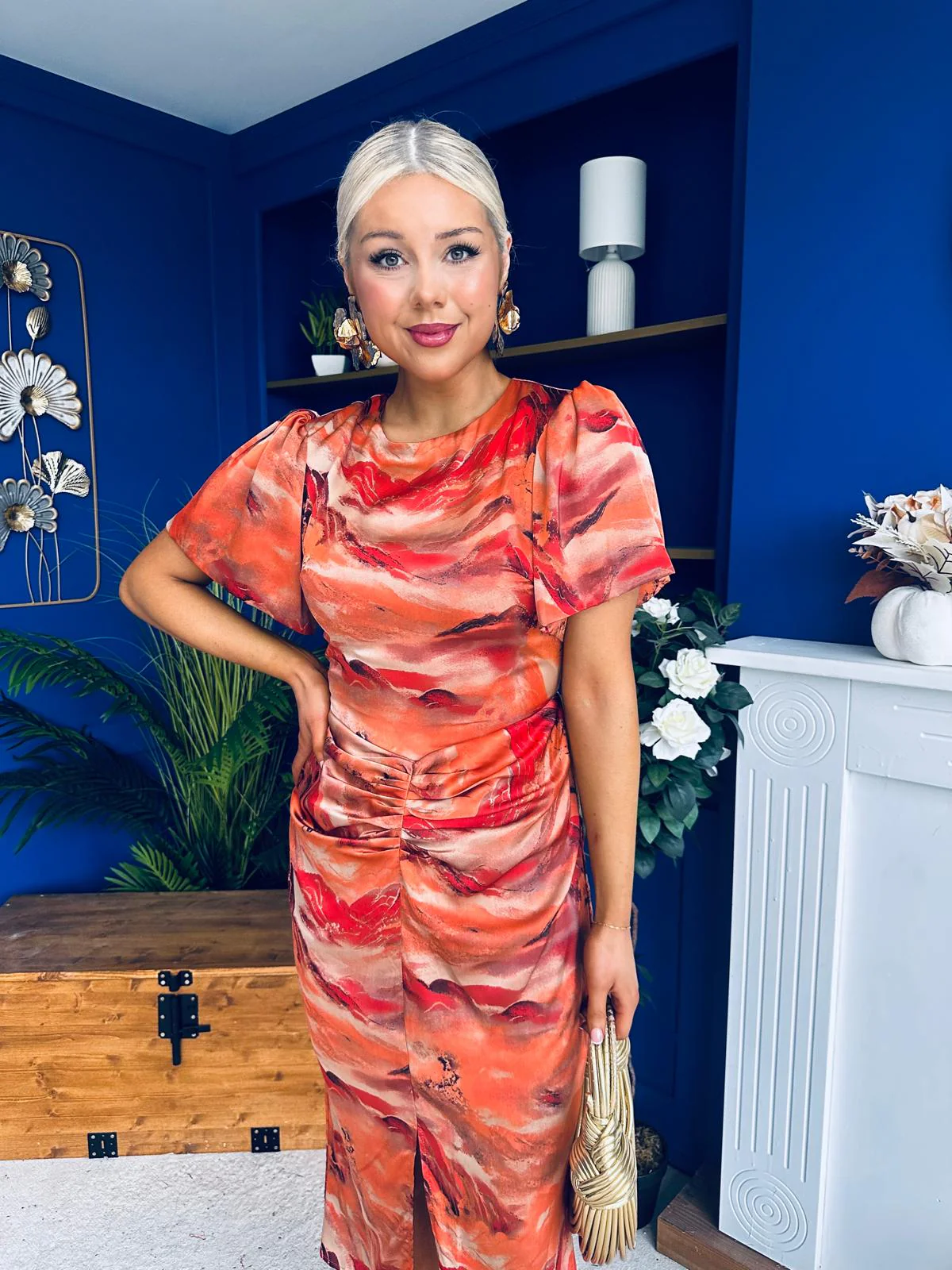 Karen Ruched Satin Print Slit Maxi Dress - Image 7