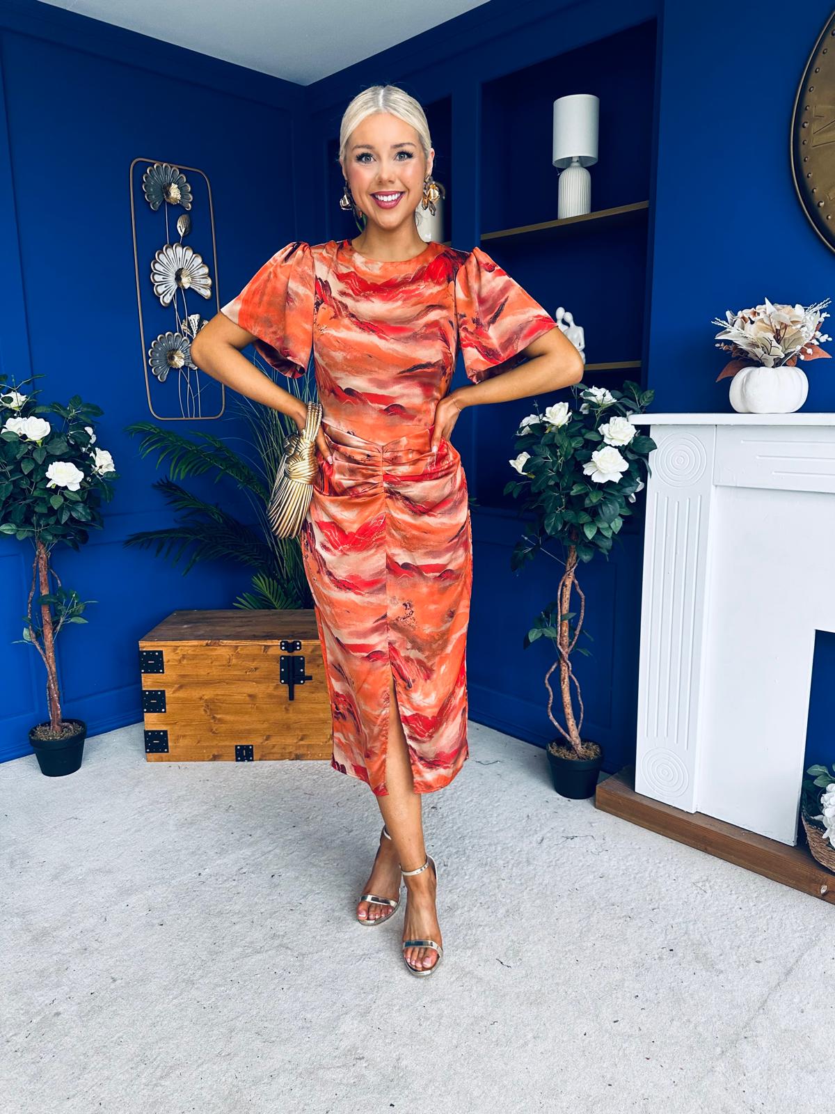 Karen Ruched Satin Print Slit Maxi Dress - Image 8