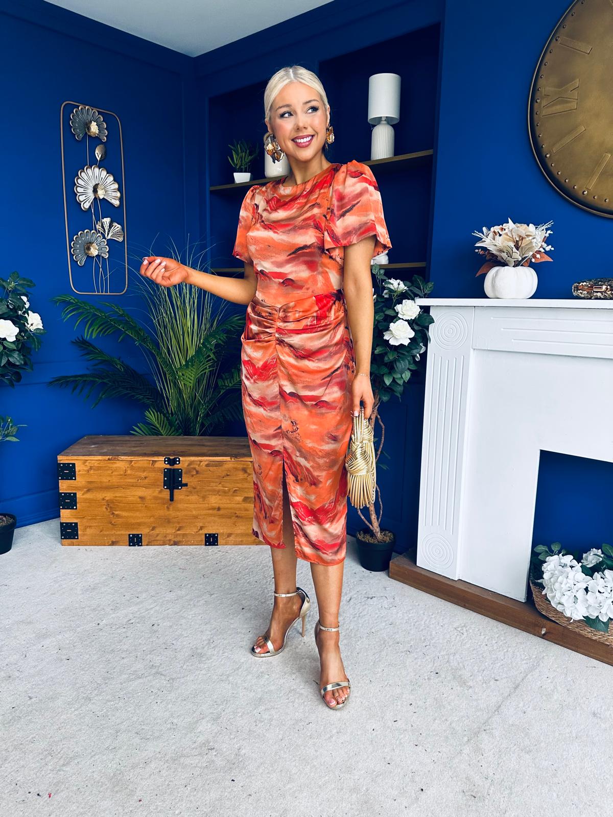 Karen Ruched Satin Print Slit Maxi Dress - Image 9