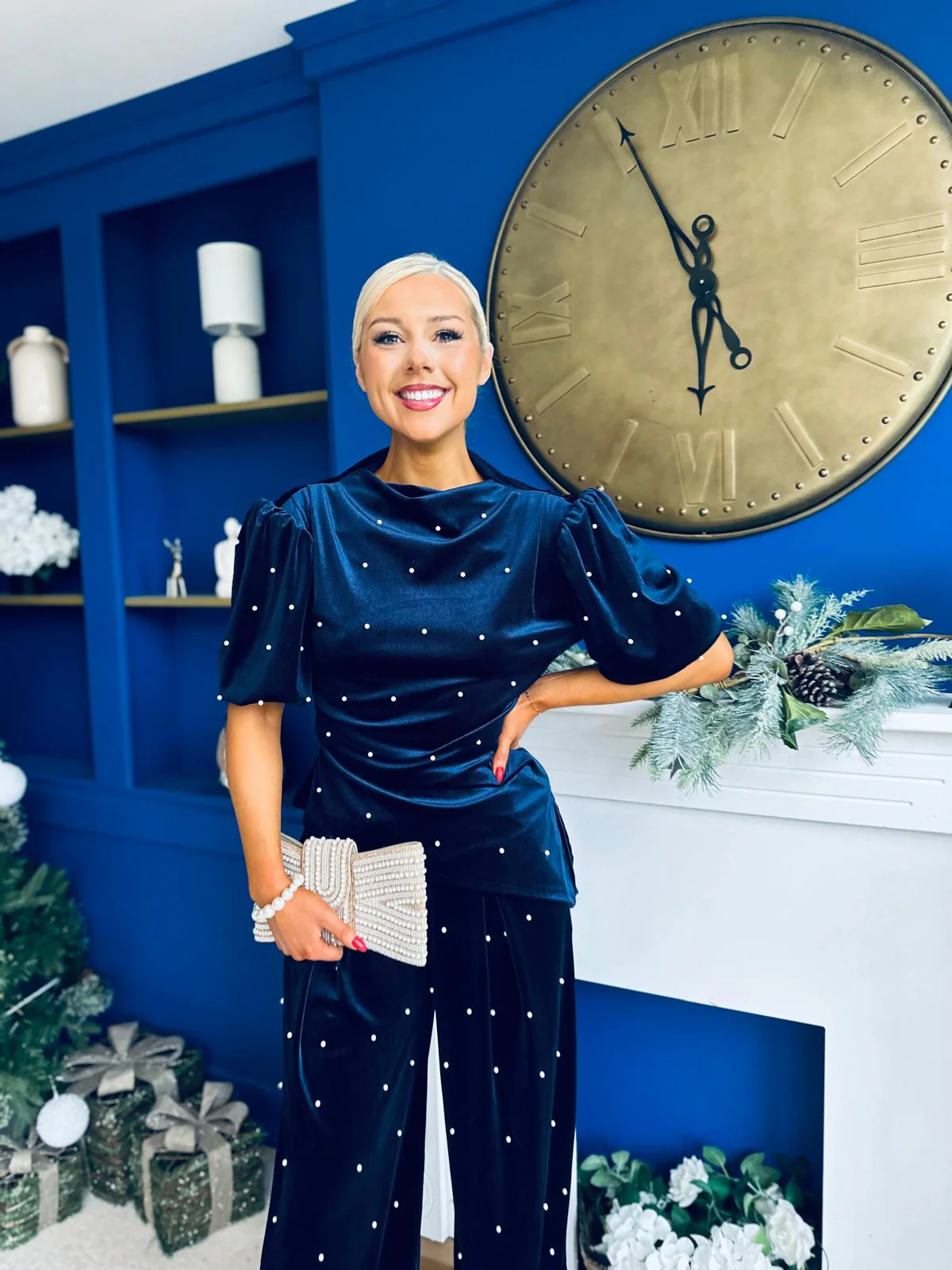 Kate Pearl Detail Top And Trouser Set Velvet Navy - Image 3