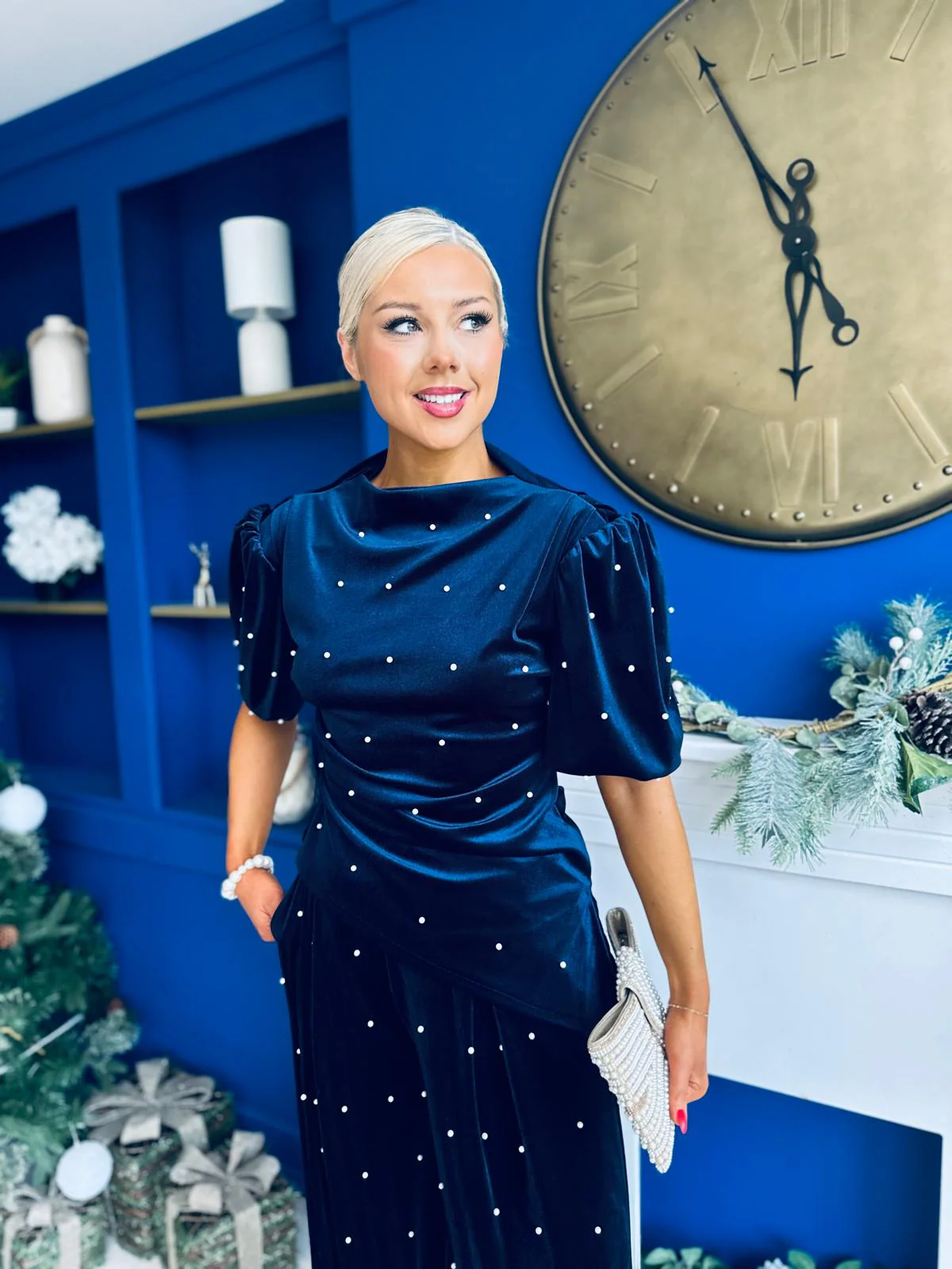 Kate Pearl Detail Top And Trouser Set Velvet Navy - Image 4