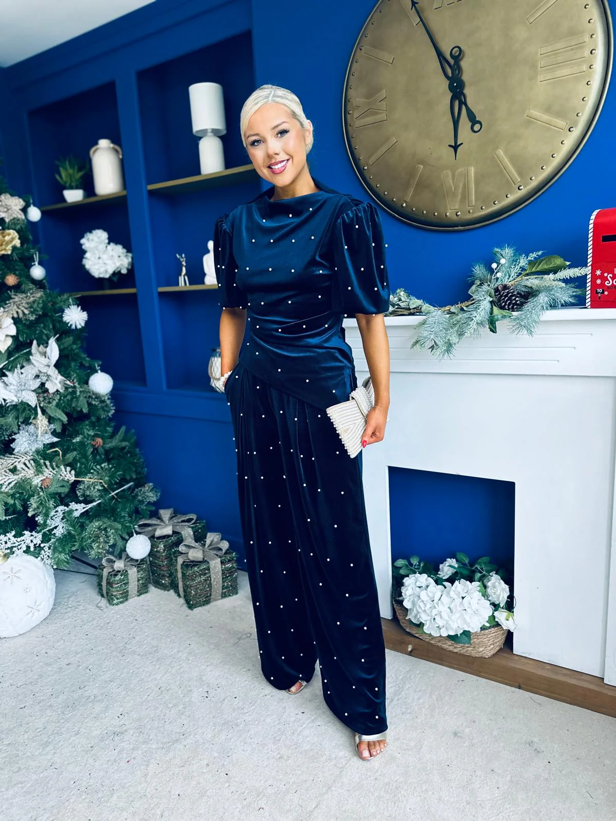 Kate Pearl Detail Top And Trouser Set Velvet Navy - Image 5