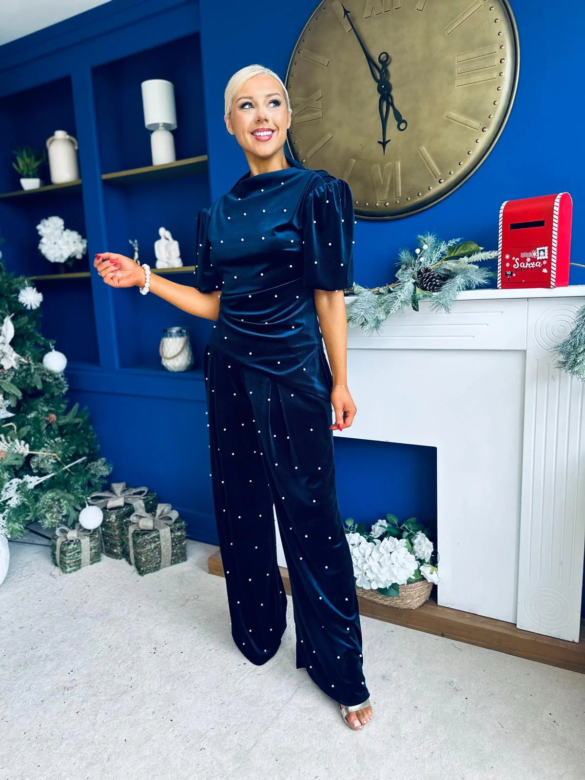 Kate Pearl Detail Top And Trouser Set Velvet Navy - Image 6