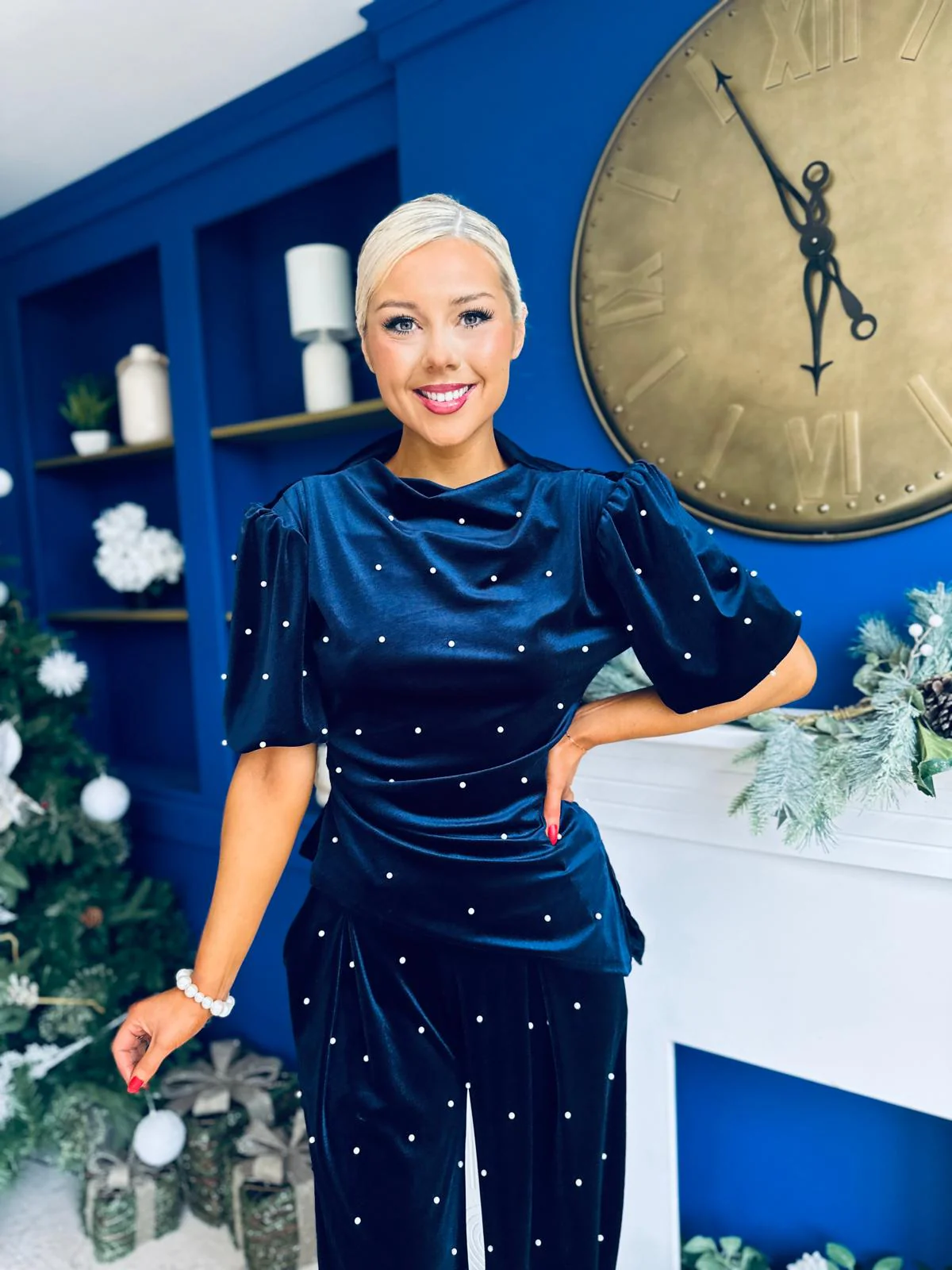 Kate Pearl Detail Top And Trouser Set Velvet Navy - Image 7