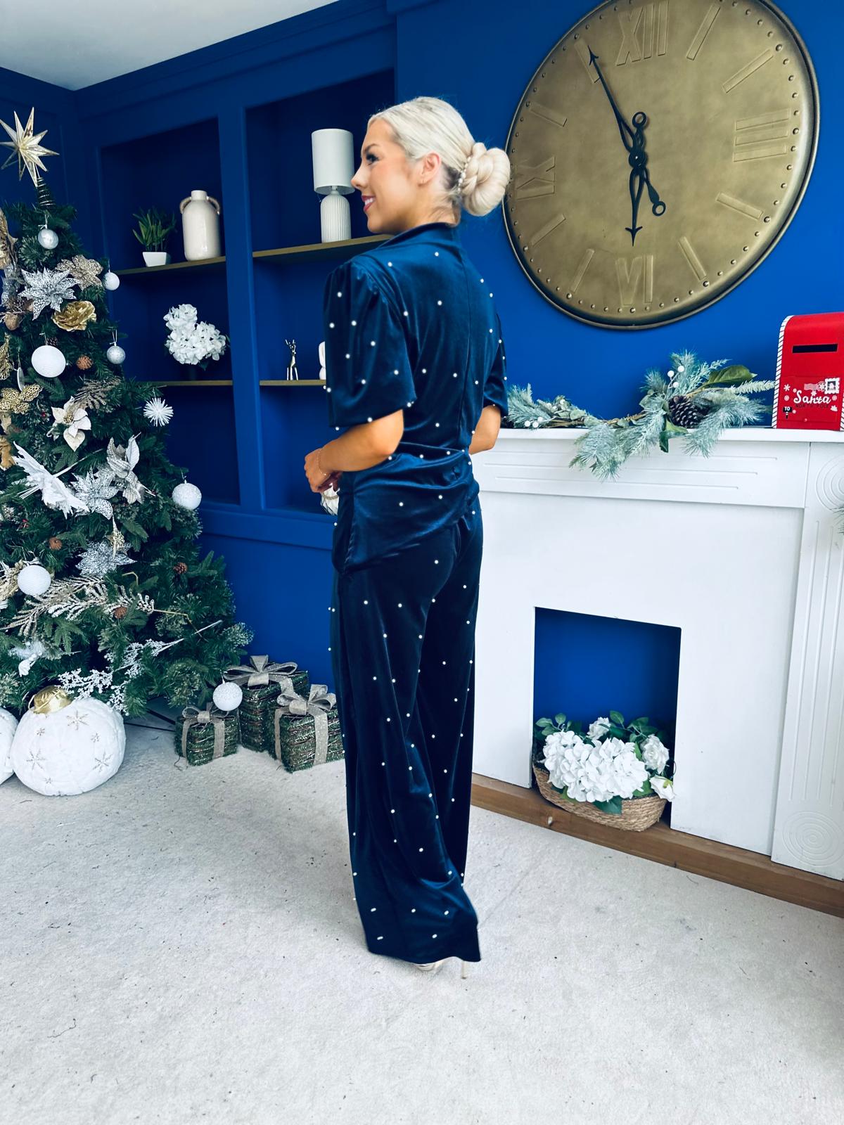 Kate Pearl Detail Top And Trouser Set Velvet Navy - Image 8