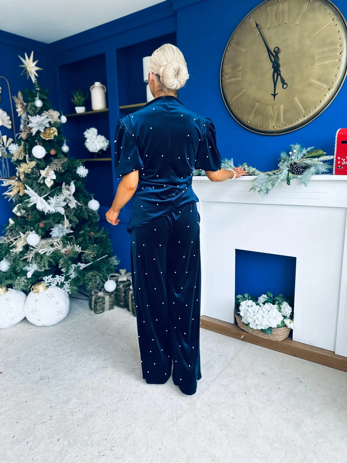Kate Pearl Detail Top And Trouser Set Velvet Navy - Image 9