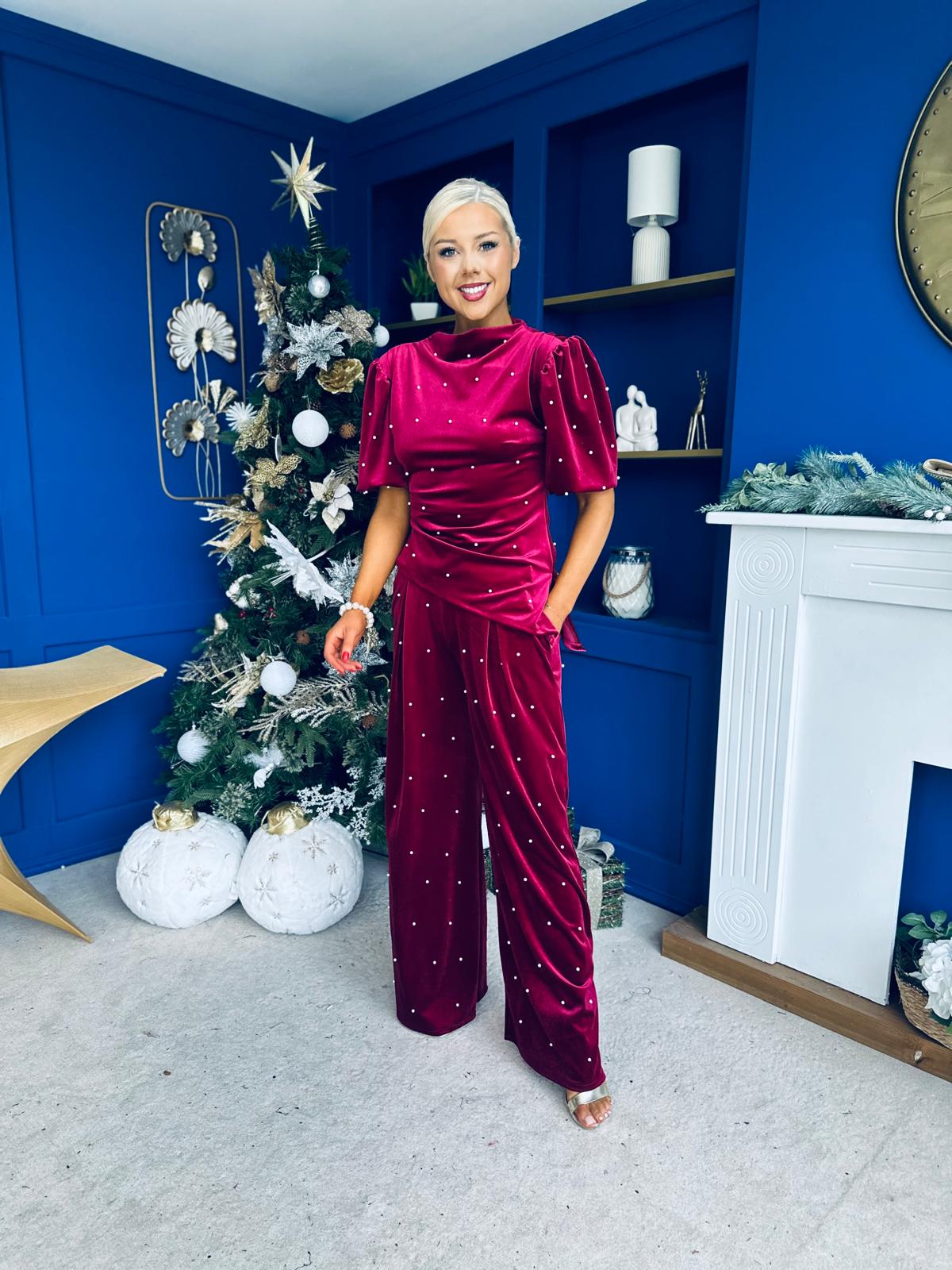 Kate Pearl Detail Top And Trouser Set Velvet Wine - Image 7