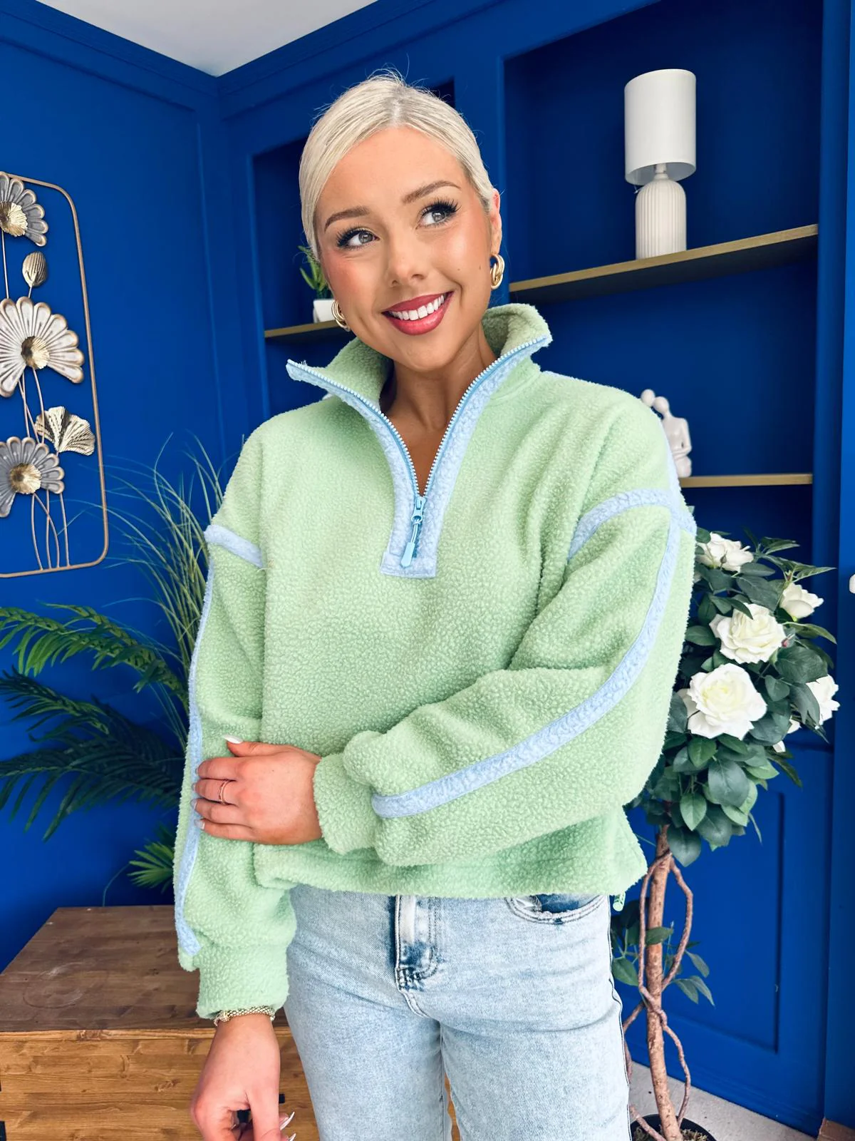 Lulu Contrast Binding 1/4 Zip Fleece Green - Image 3