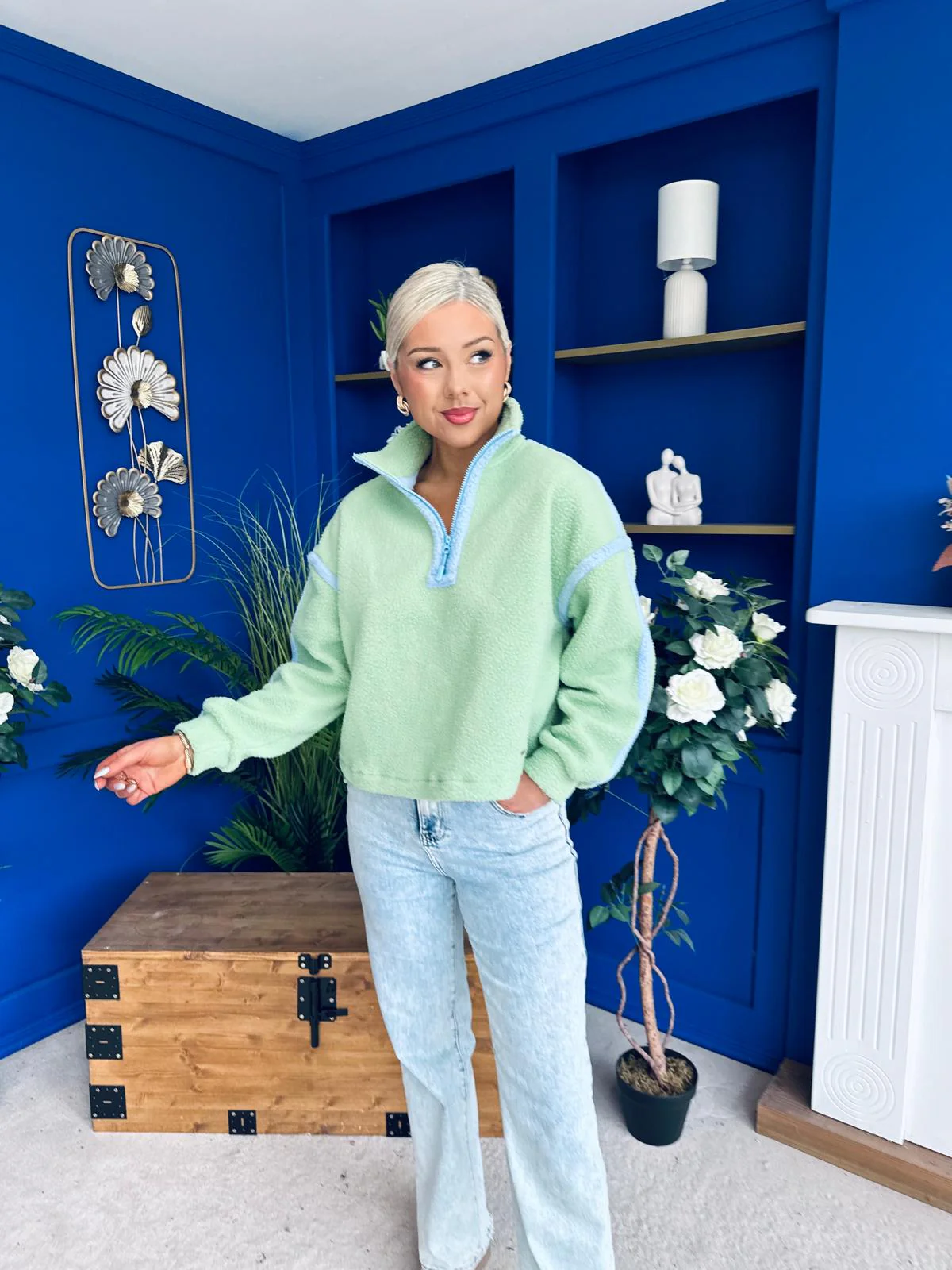 Lulu Contrast Binding 1/4 Zip Fleece Green - Image 6