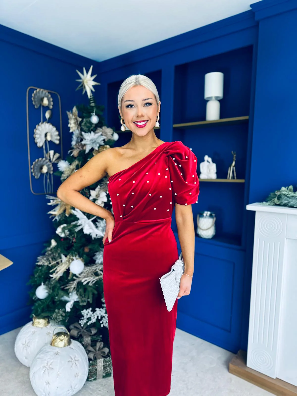 Miranda One Shoulder Pearl Detail Velvet Occasion Dress Red - Image 5