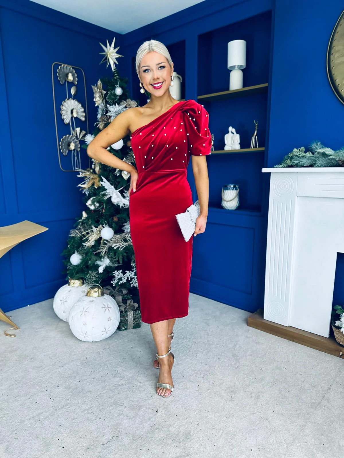 Miranda One Shoulder Pearl Detail Velvet Occasion Dress Red - Image 6