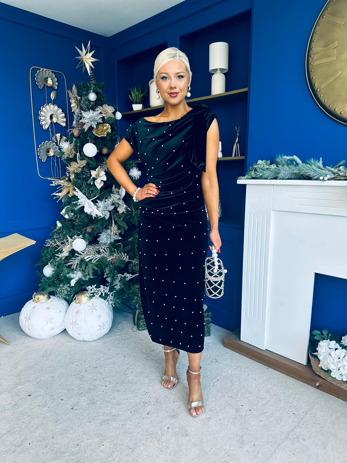 Nicole Bow Detail Pearl Embellished Dress Black - Image 5