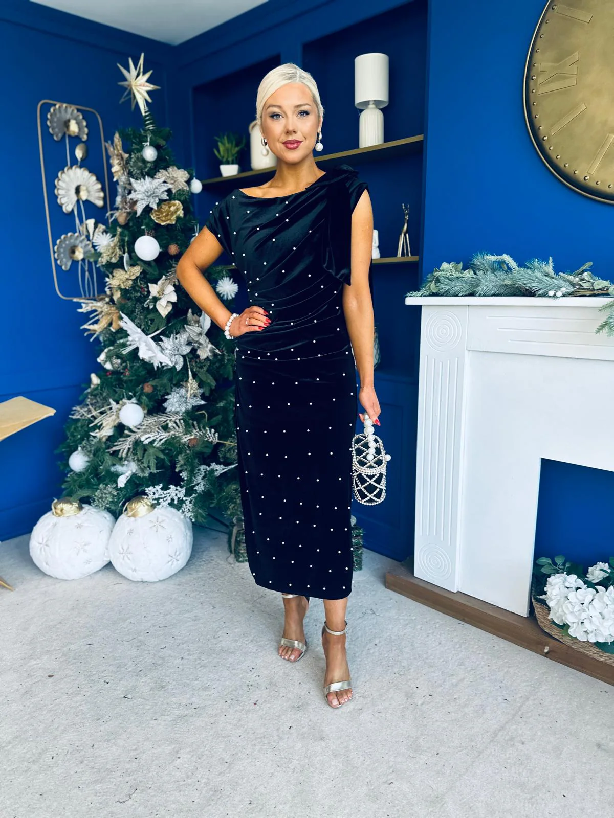 Nicole Bow Detail Pearl Embellished Dress Black - Image 7