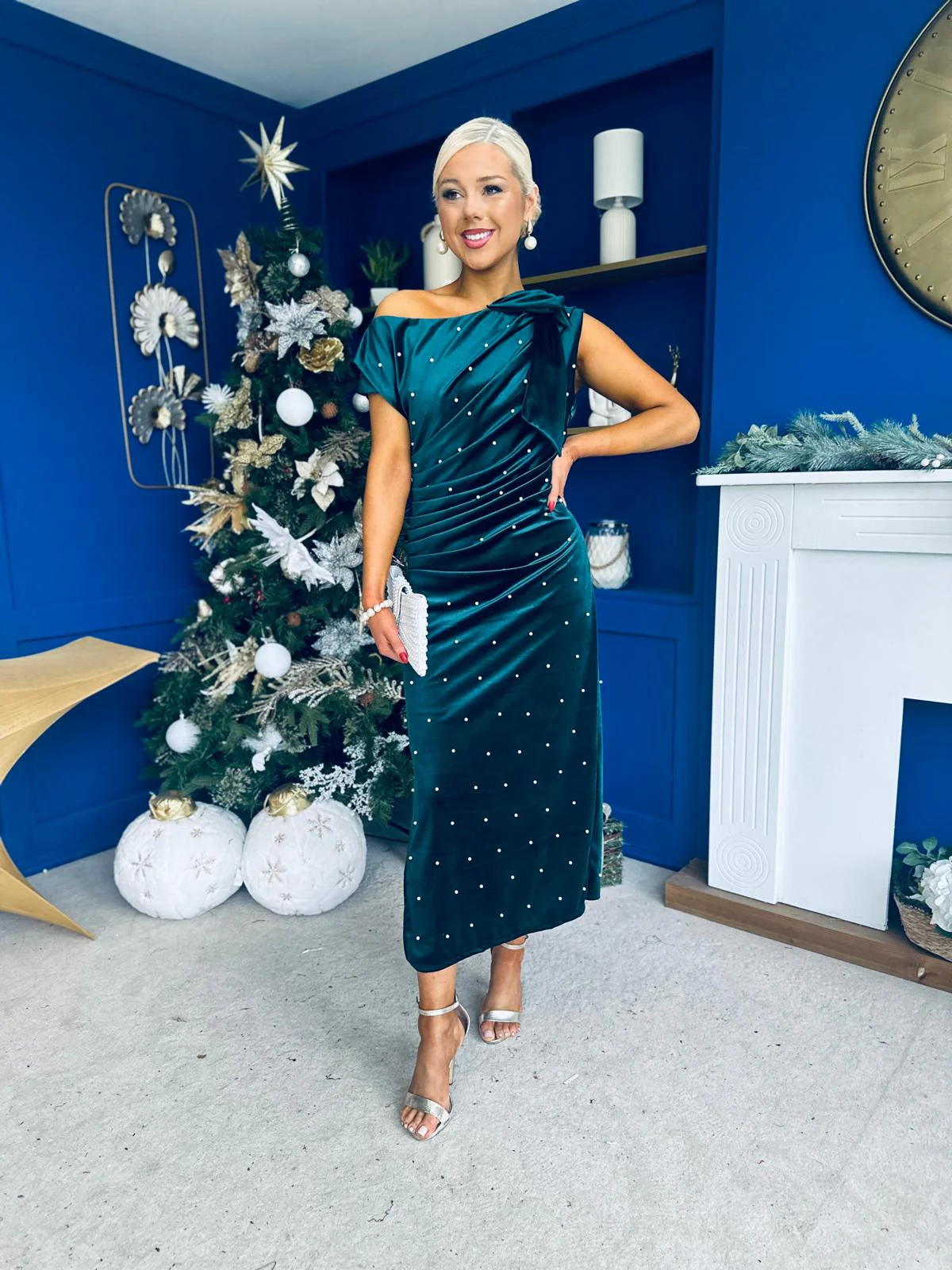 Nicole Bow Detail Pearl Embellished Dress Forest - Image 3