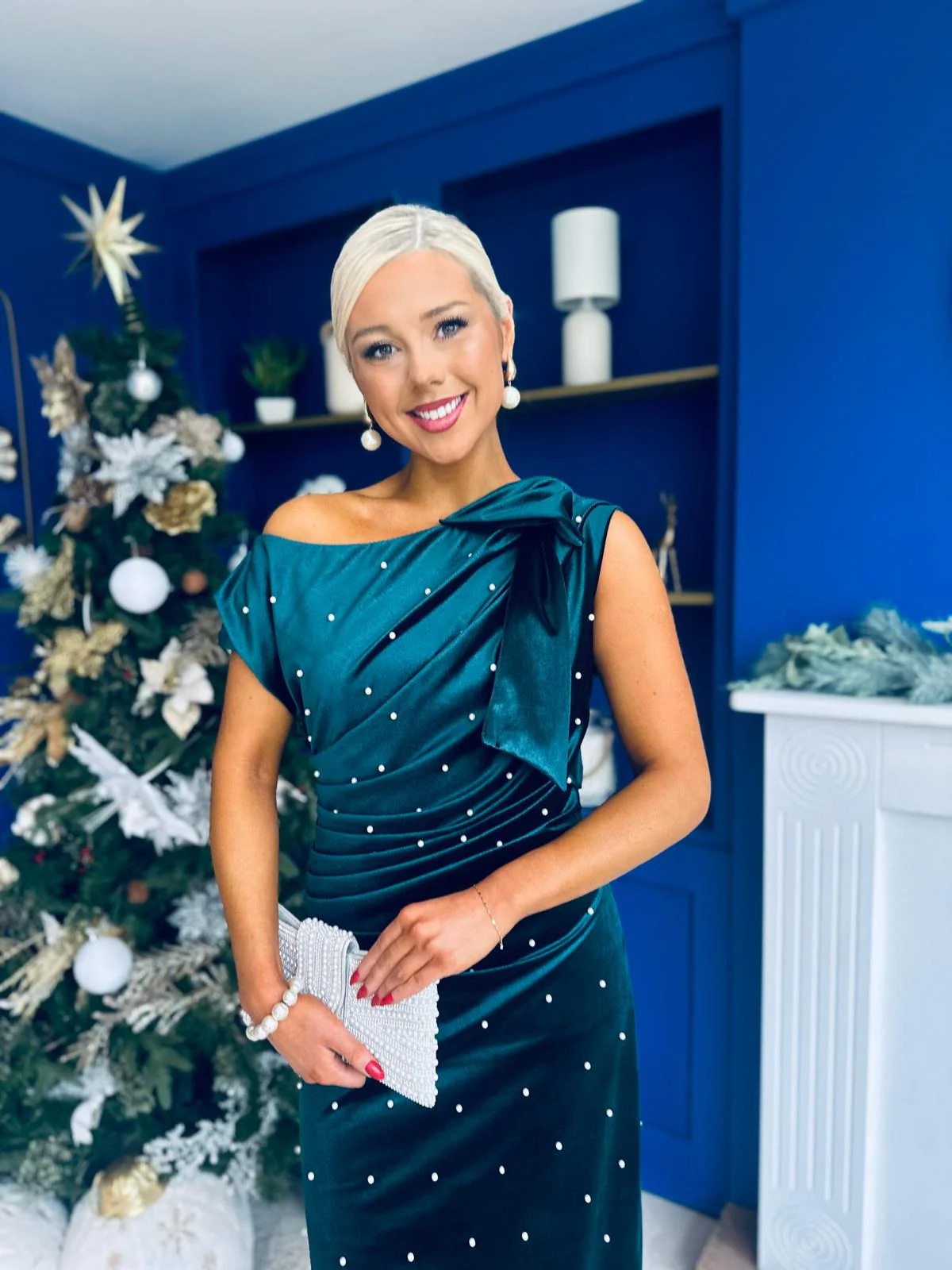 Nicole Bow Detail Pearl Embellished Dress Forest - Image 4