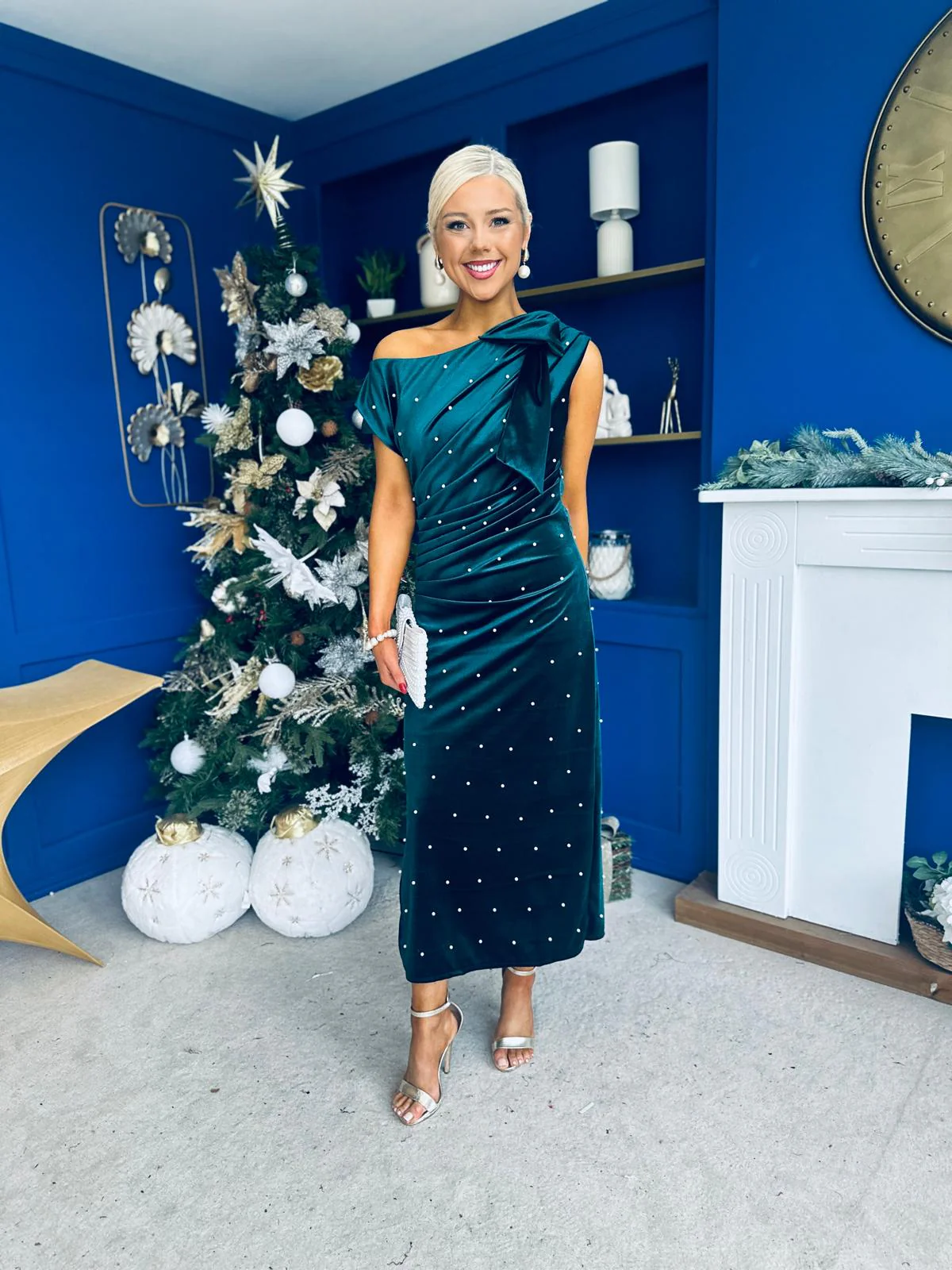 Nicole Bow Detail Pearl Embellished Dress Forest - Image 5