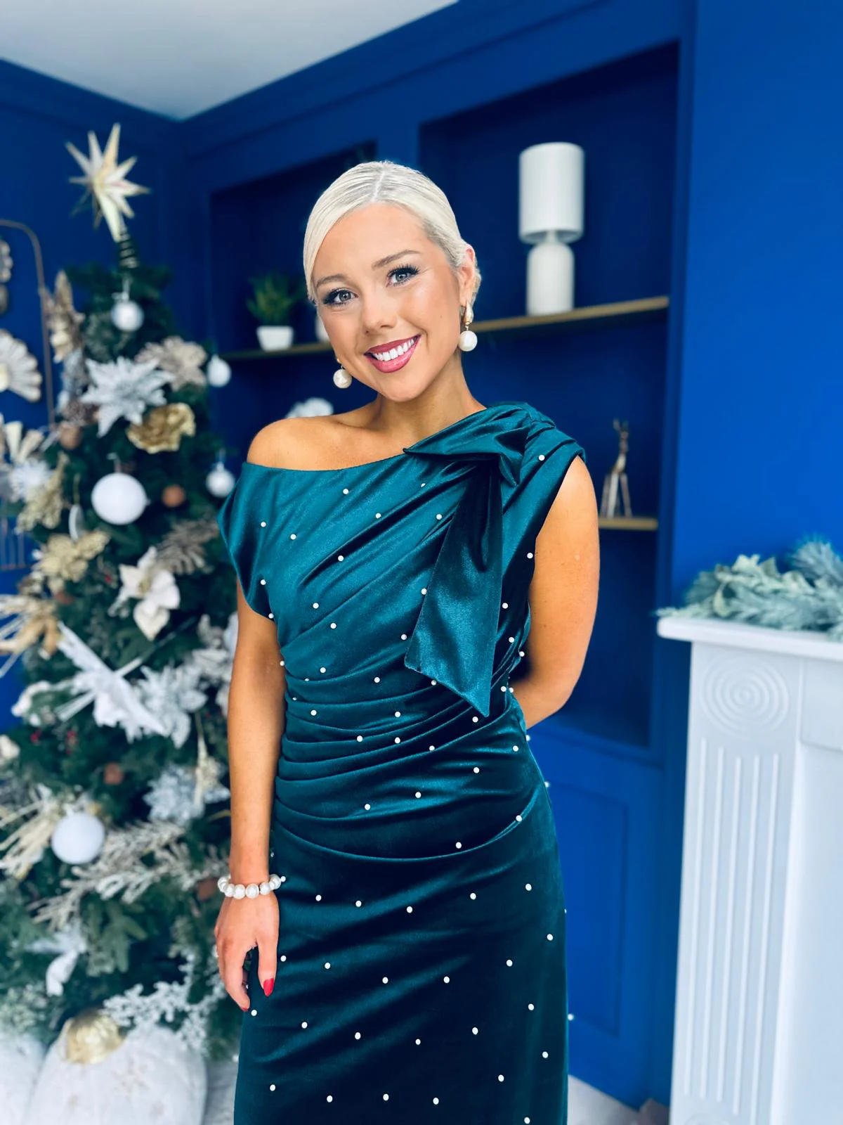 Nicole Bow Detail Pearl Embellished Dress Forest - Image 6