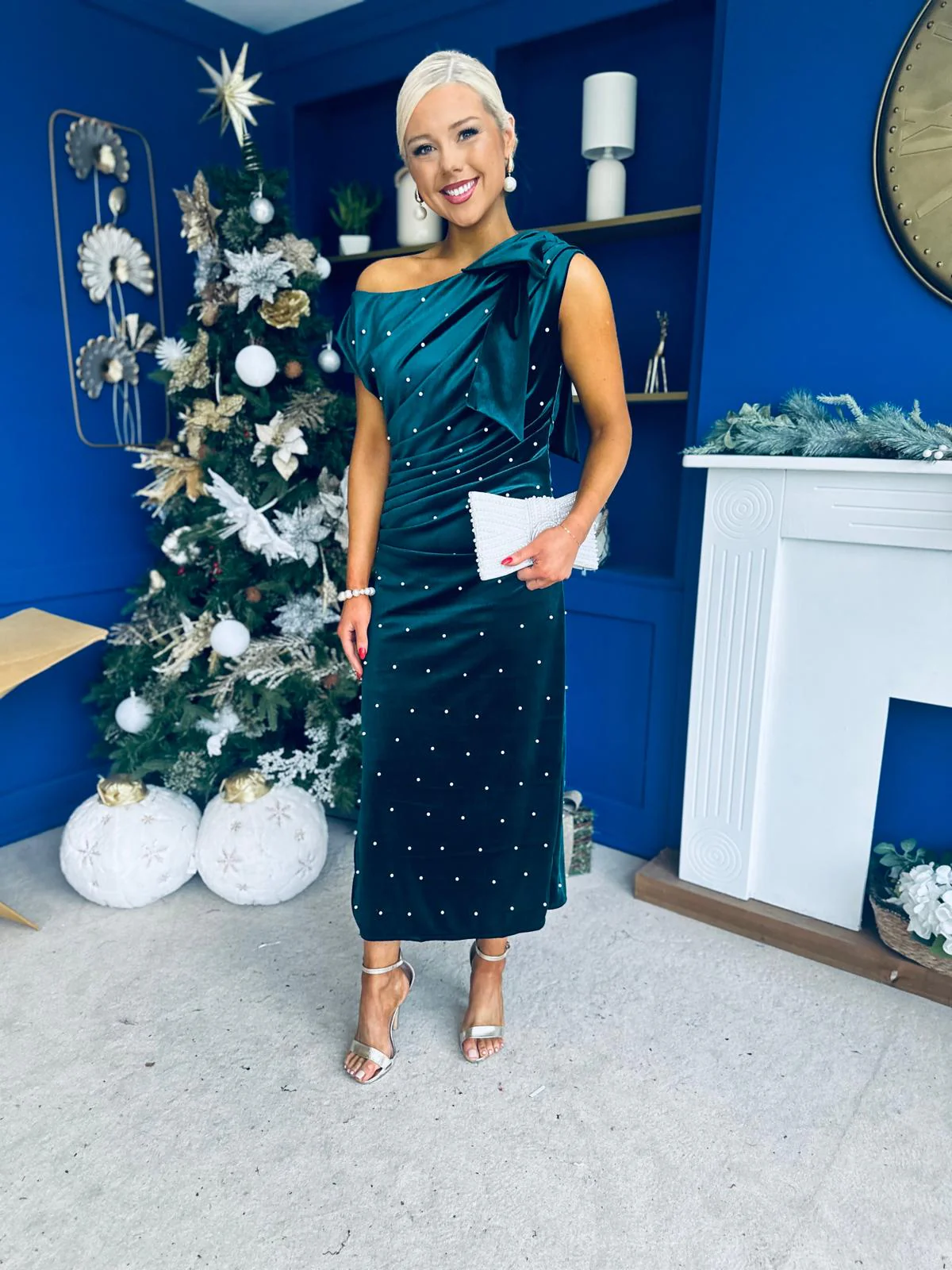 Nicole Bow Detail Pearl Embellished Dress Forest - Image 8