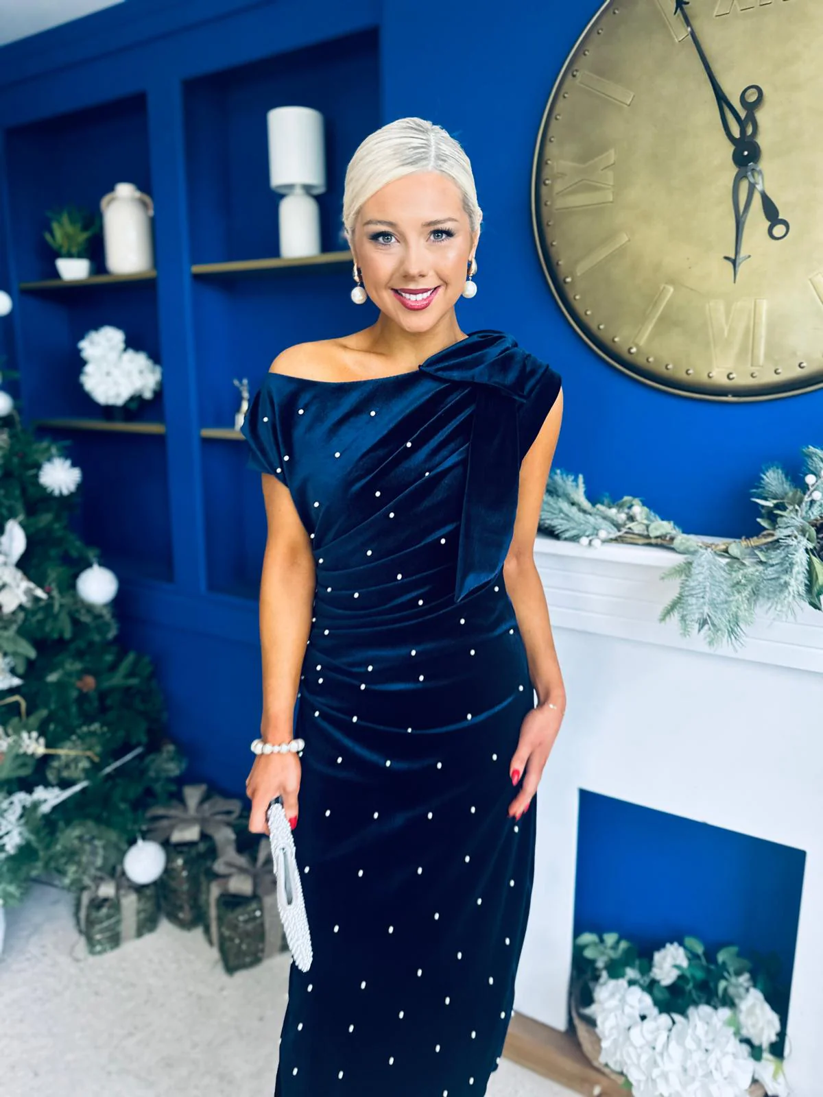 Nicole Bow Detail Pearl Embellished Dress Navy - Image 10