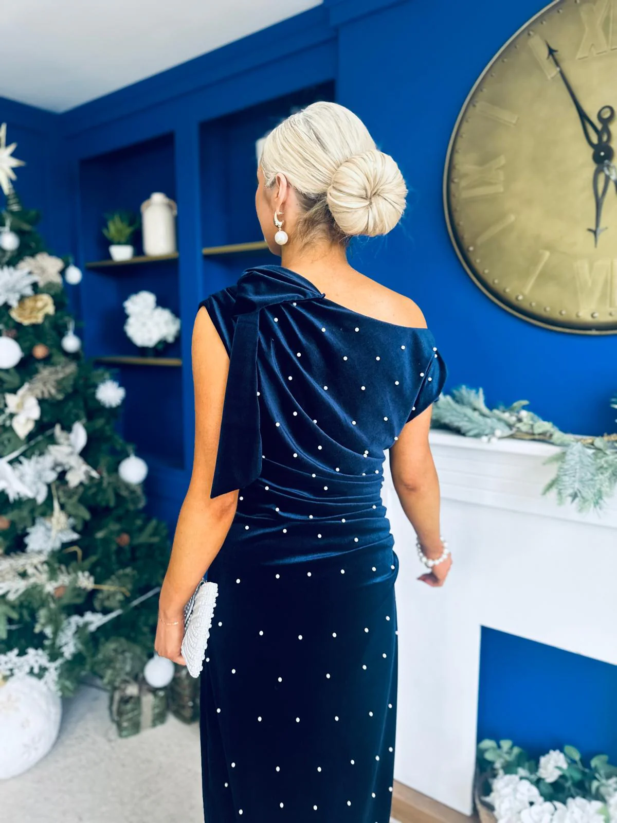 Nicole Bow Detail Pearl Embellished Dress Navy - Image 12