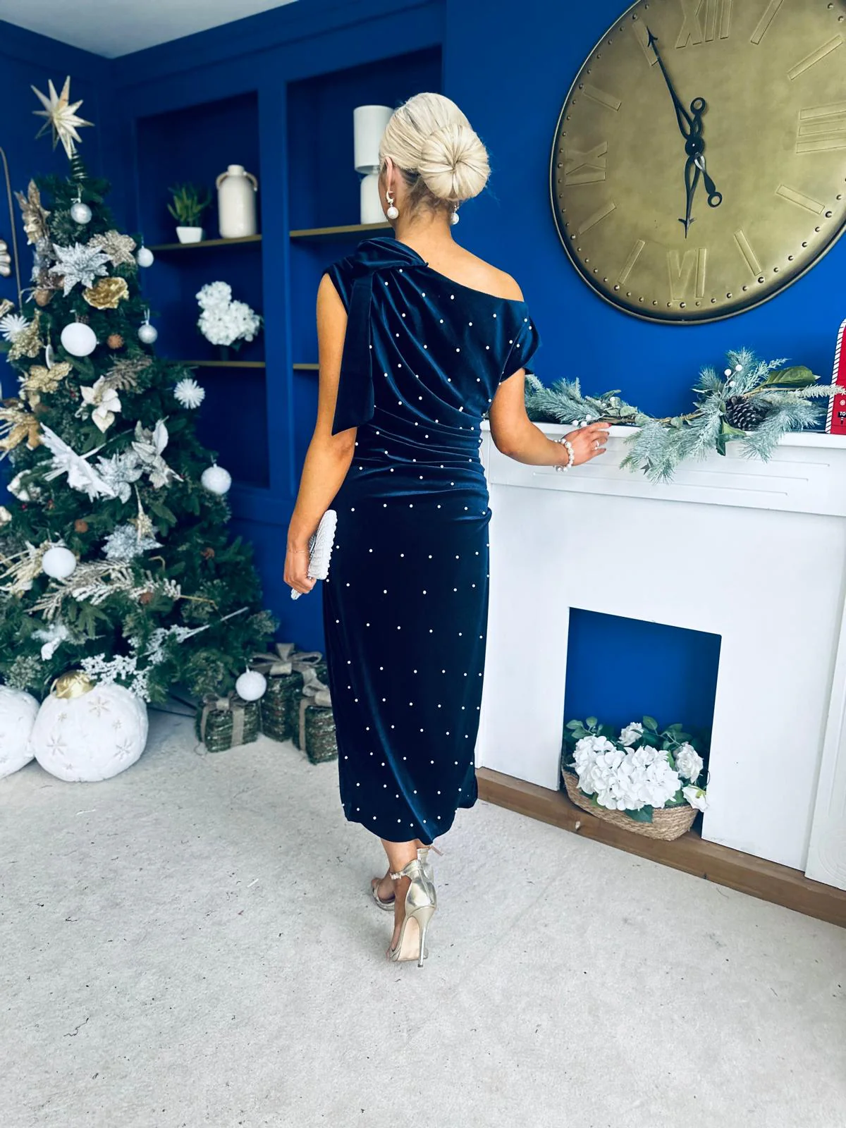 Nicole Bow Detail Pearl Embellished Dress Navy - Image 13